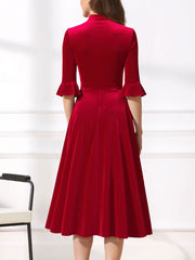Vintage Velvet Ruffled Sleeves Bow Tie Midi Swing Dress