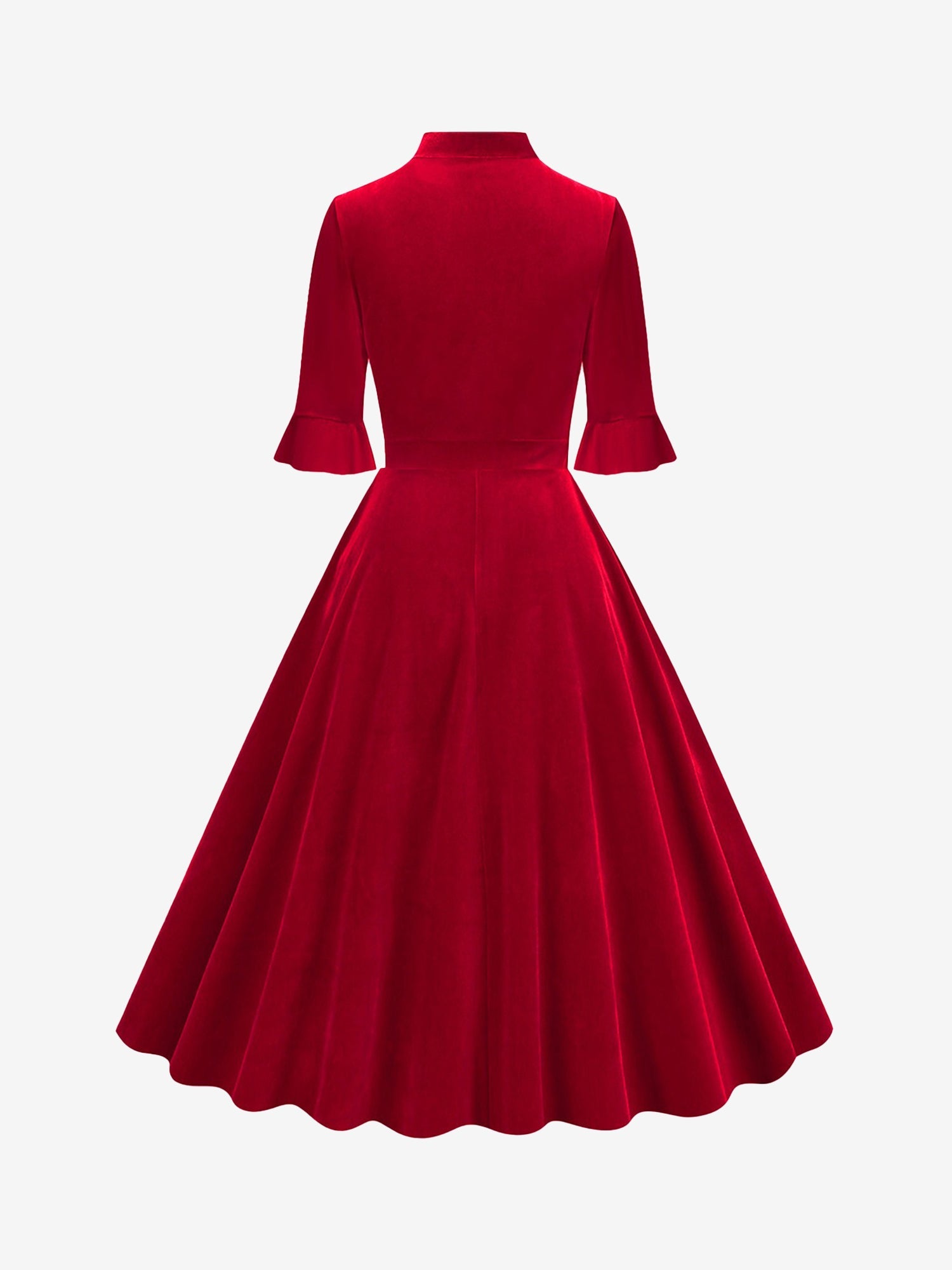 Vintage Velvet Ruffled Sleeves Bow Tie Midi Swing Dress