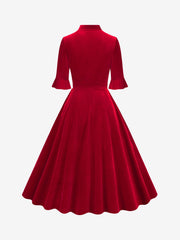 Vintage Velvet Ruffled Sleeves Bow Tie Midi Swing Dress