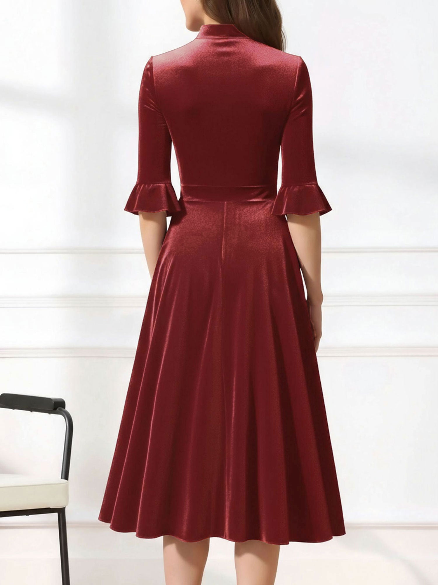 Vintage Velvet Ruffled Sleeves Bow Tie Midi Swing Dress
