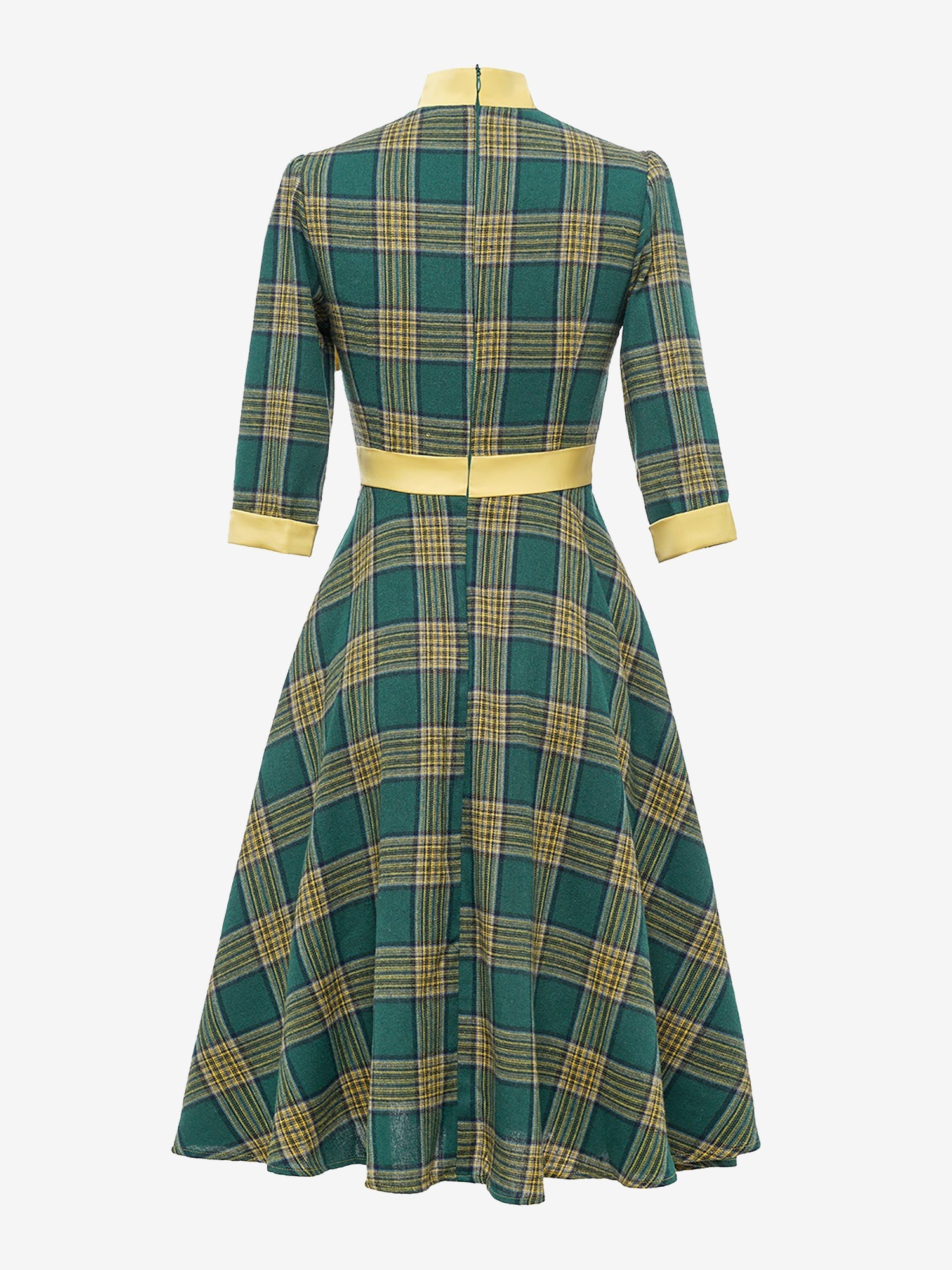 Bow Tie Neck 3/4 Sleeves Pockets Plaid A-Line Dress