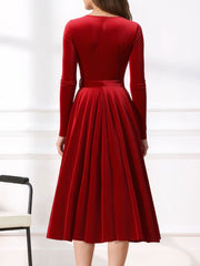 Christmas Velvet V Neck Long Sleeves Midi A-Line Dress