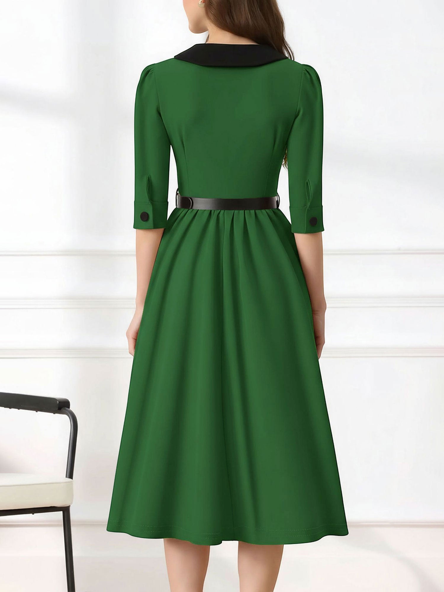 Vintage Peter Pan Collar Belted A-Line Midi Dress