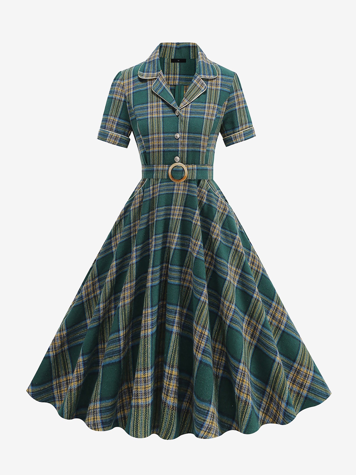 Vintage Notched Lapel Plaid Pockets Belted Midi A-Line Dress