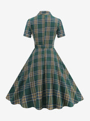 Vintage Notched Lapel Plaid Pockets Belted Midi A-Line Dress
