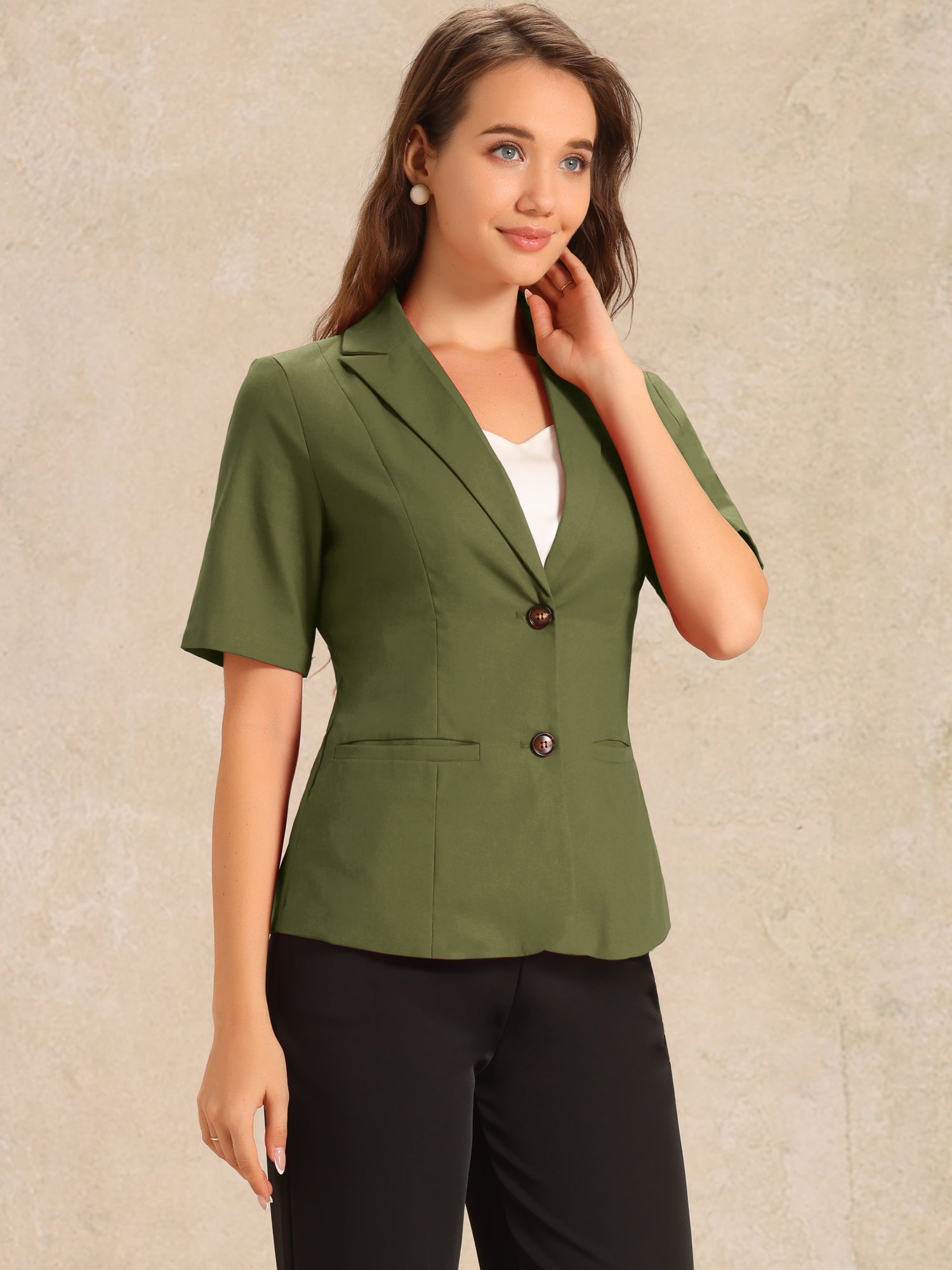Cotton Linen Office Business Short Sleeve Notched Lapel Blazer Jacket