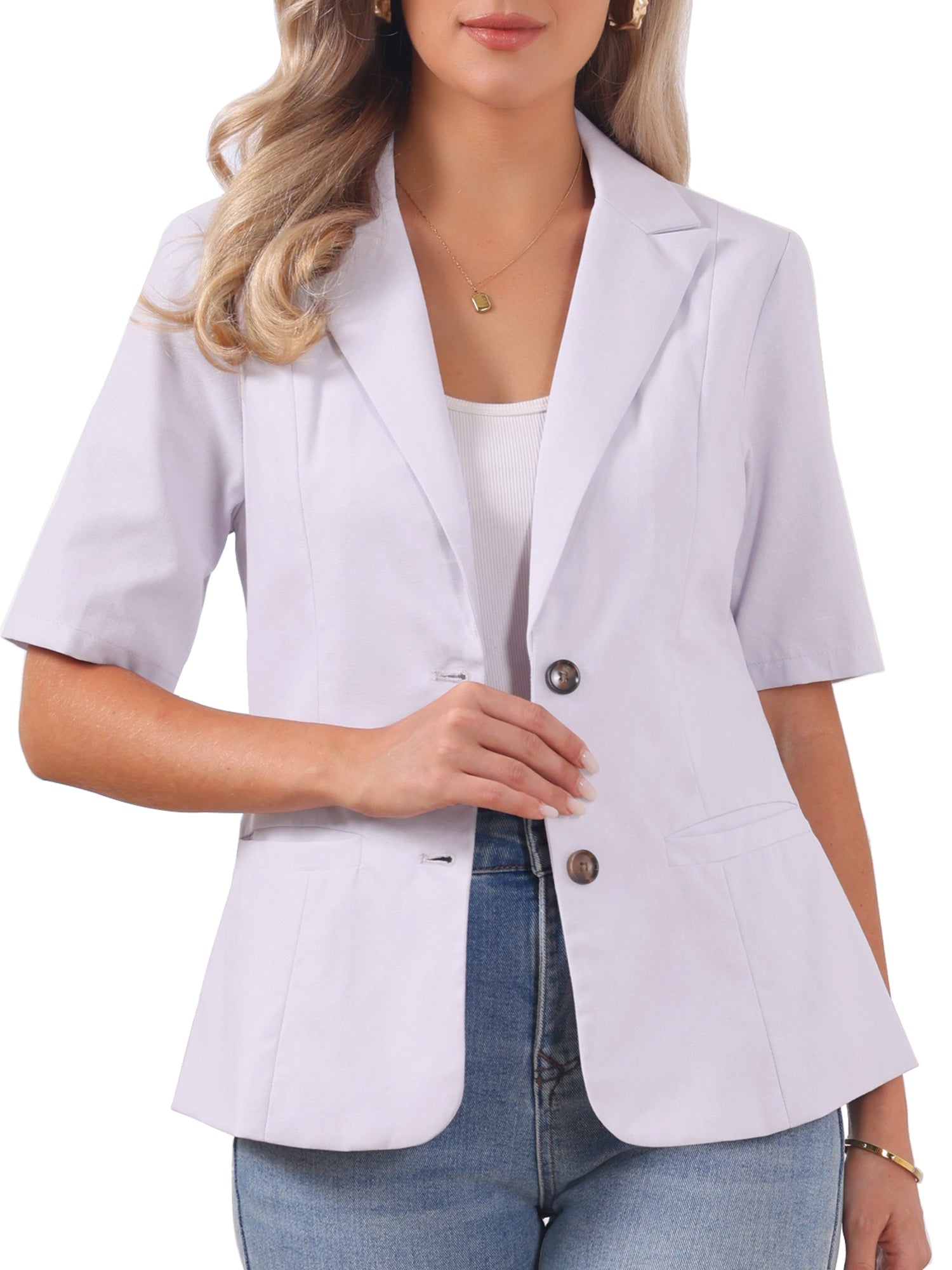 Cotton Linen Office Business Short Sleeve Notched Lapel Blazer Jacket