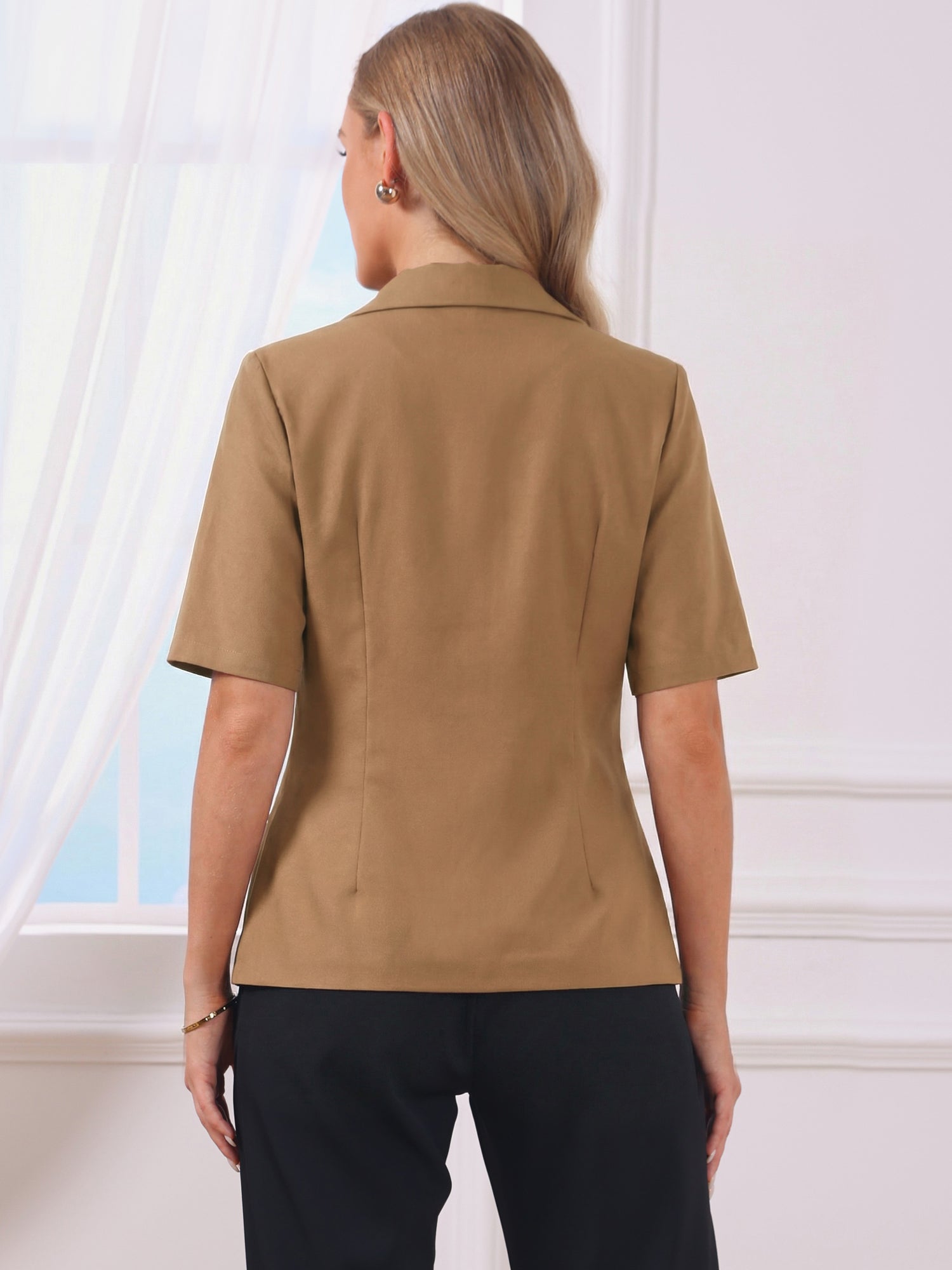 Cotton Linen Office Business Short Sleeve Notched Lapel Blazer Jacket