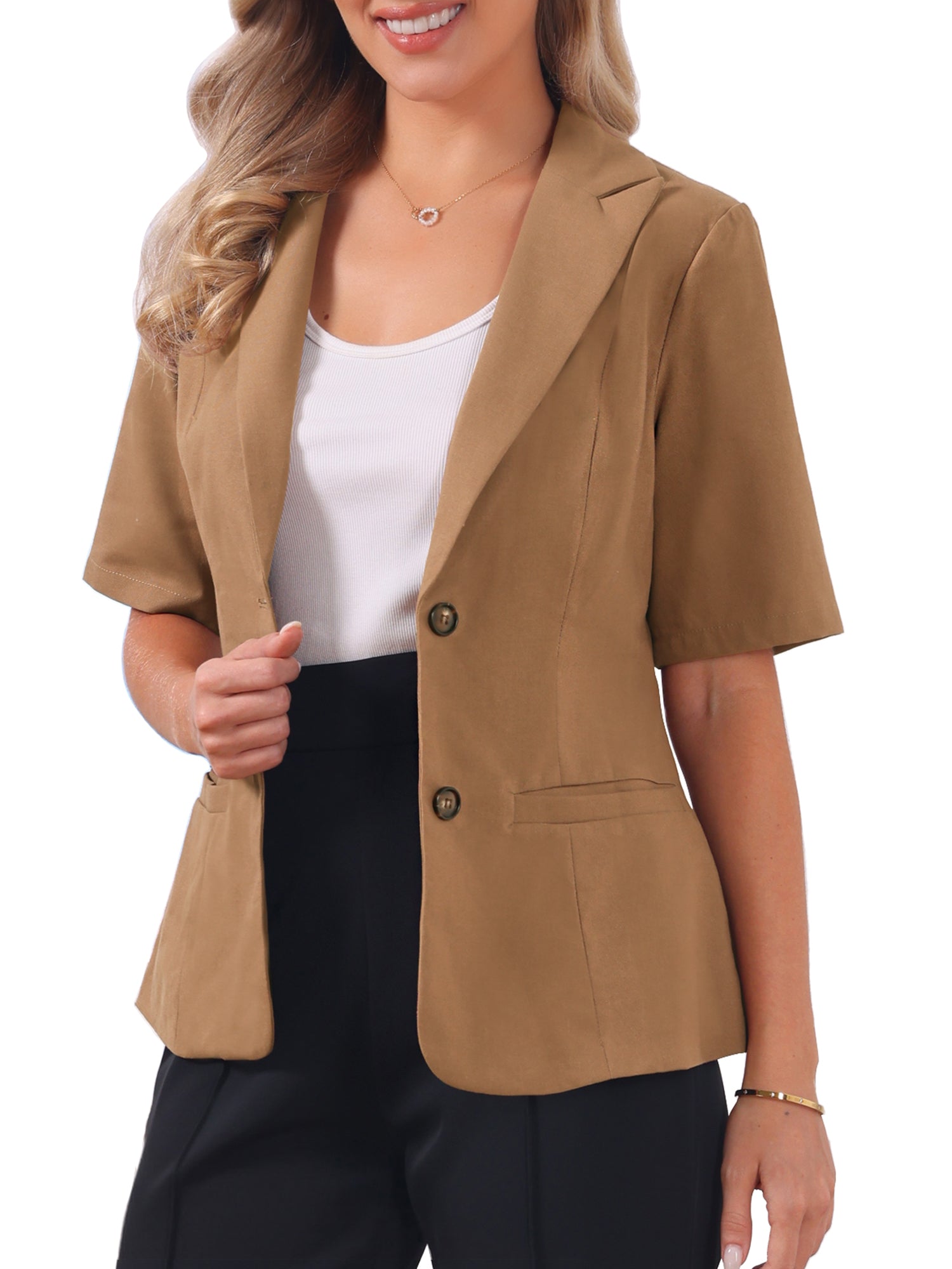 Cotton Linen Office Business Short Sleeve Notched Lapel Blazer Jacket