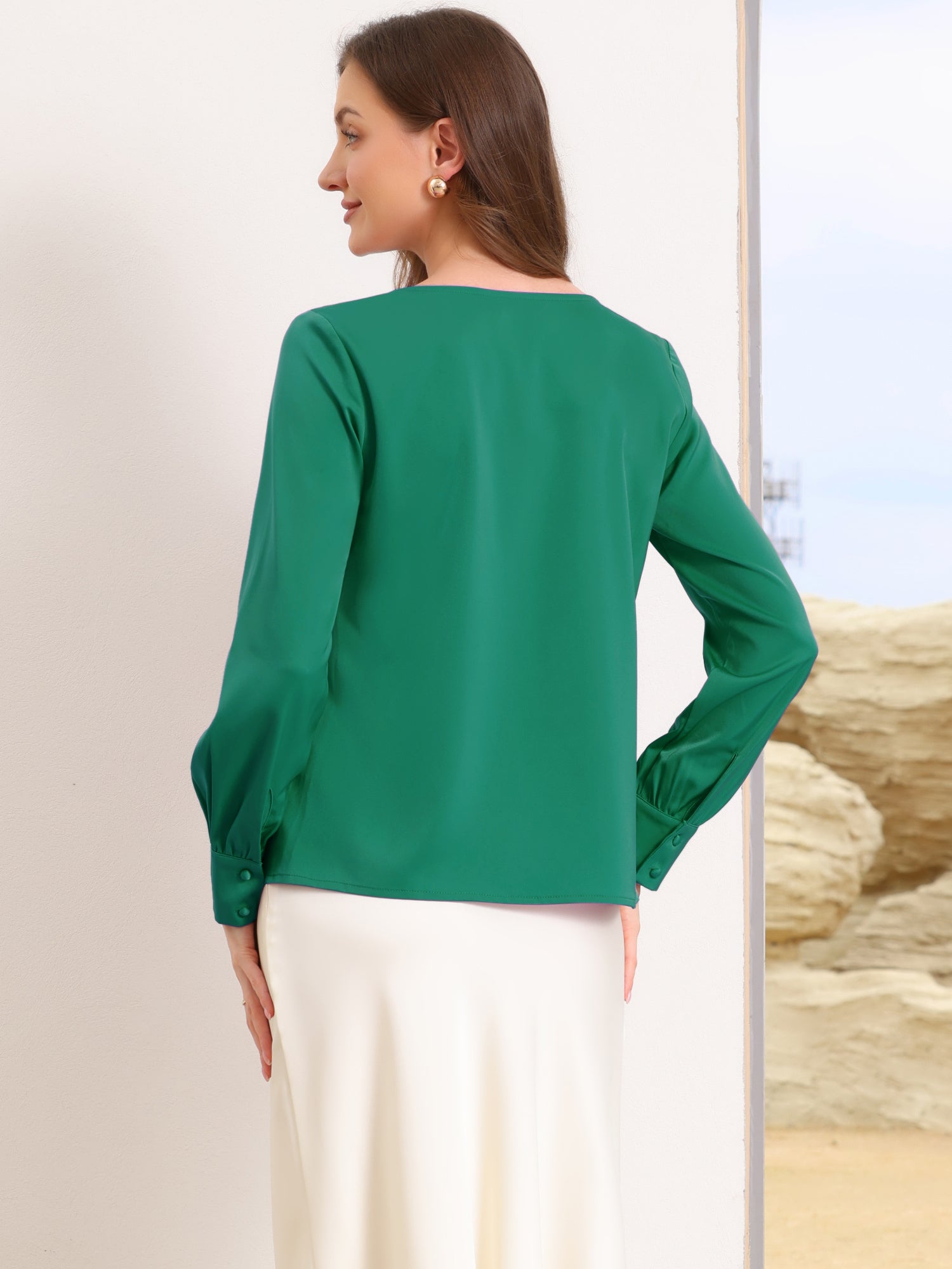 Cowl Neck Long Sleeves Office Satin Blouse