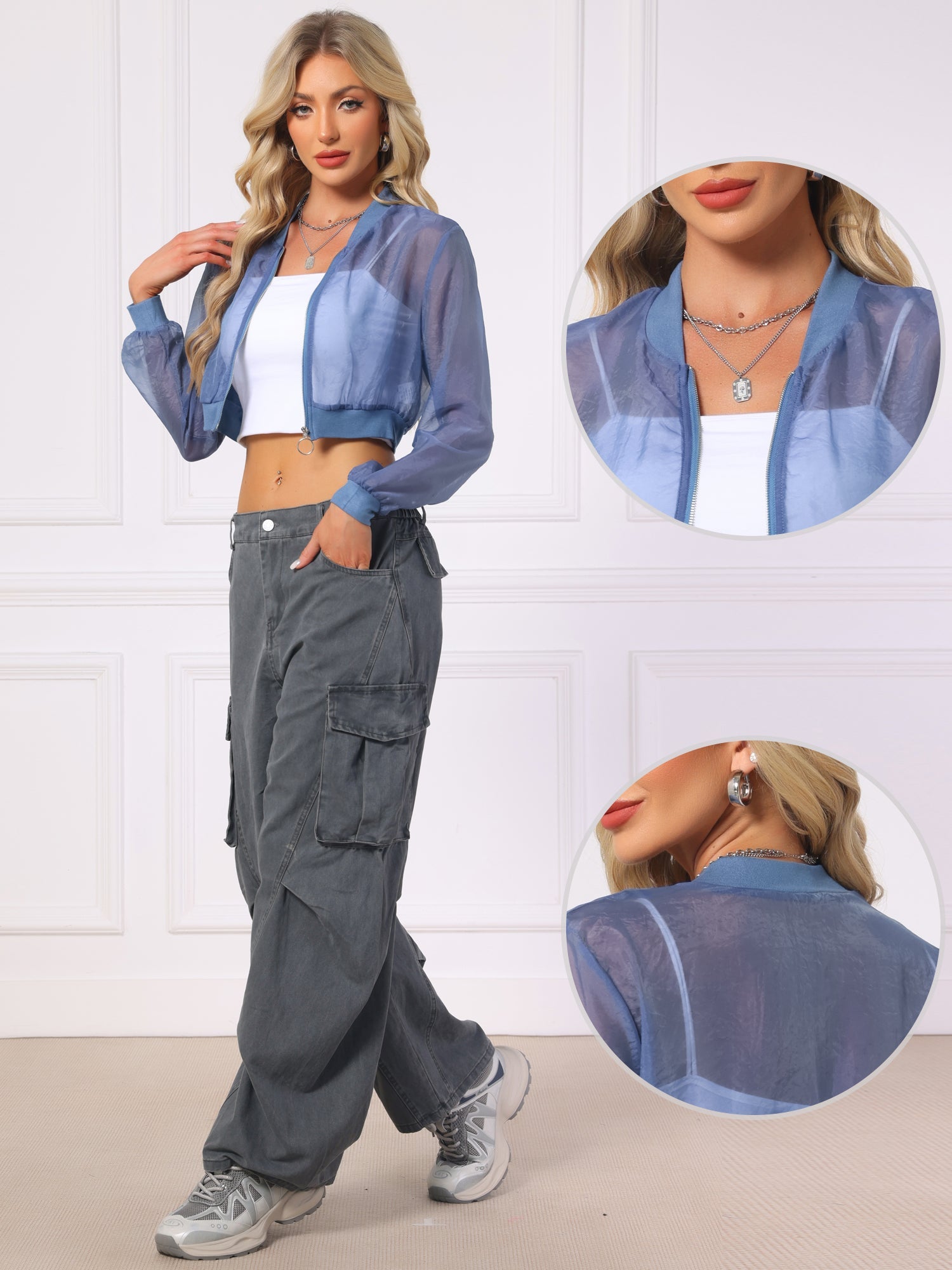 Bomber Long Sleeve Crop Mesh Sheer Zip Up Jackets