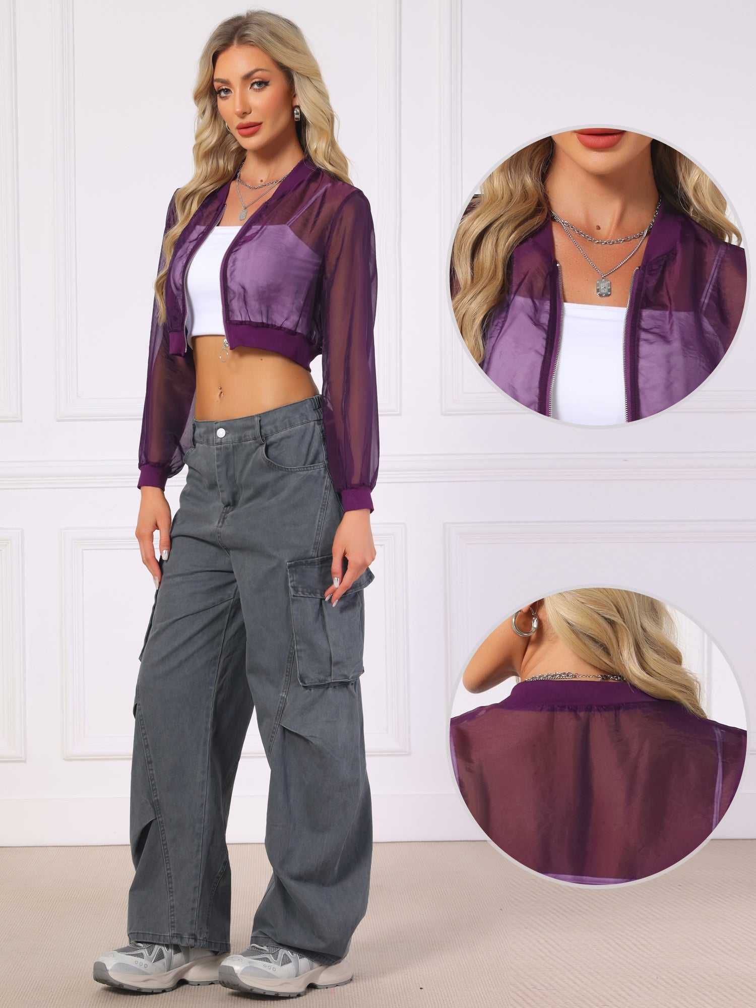 Bomber Long Sleeve Crop Mesh Sheer Zip Up Jackets