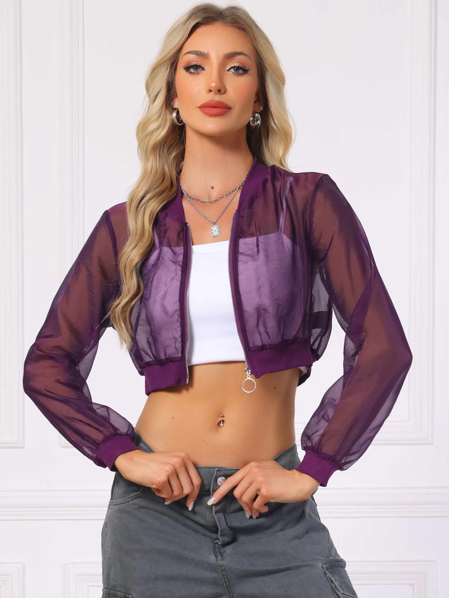 Bomber Long Sleeve Crop Mesh Sheer Zip Up Jackets