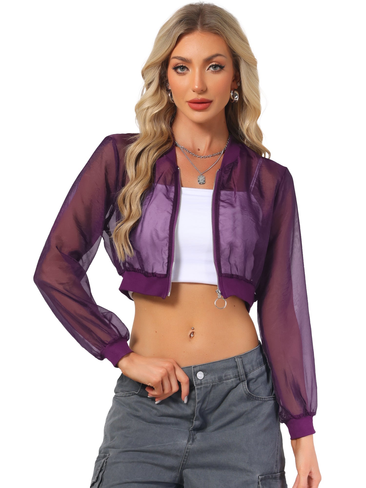 Bomber Long Sleeve Crop Mesh Sheer Zip Up Jackets