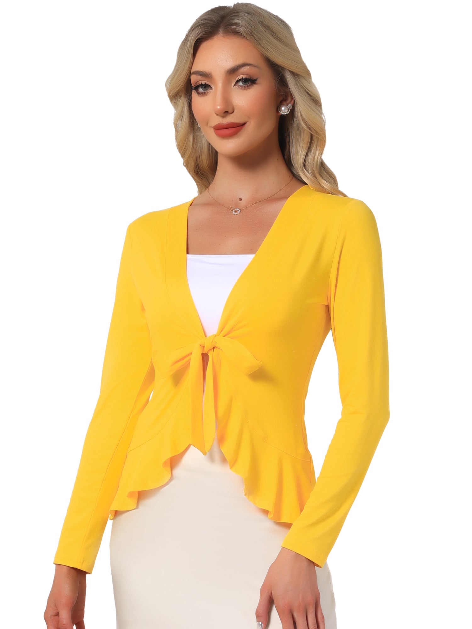 Women's Tie Front Knit Ruffled Long Sleeve Open Cardigan