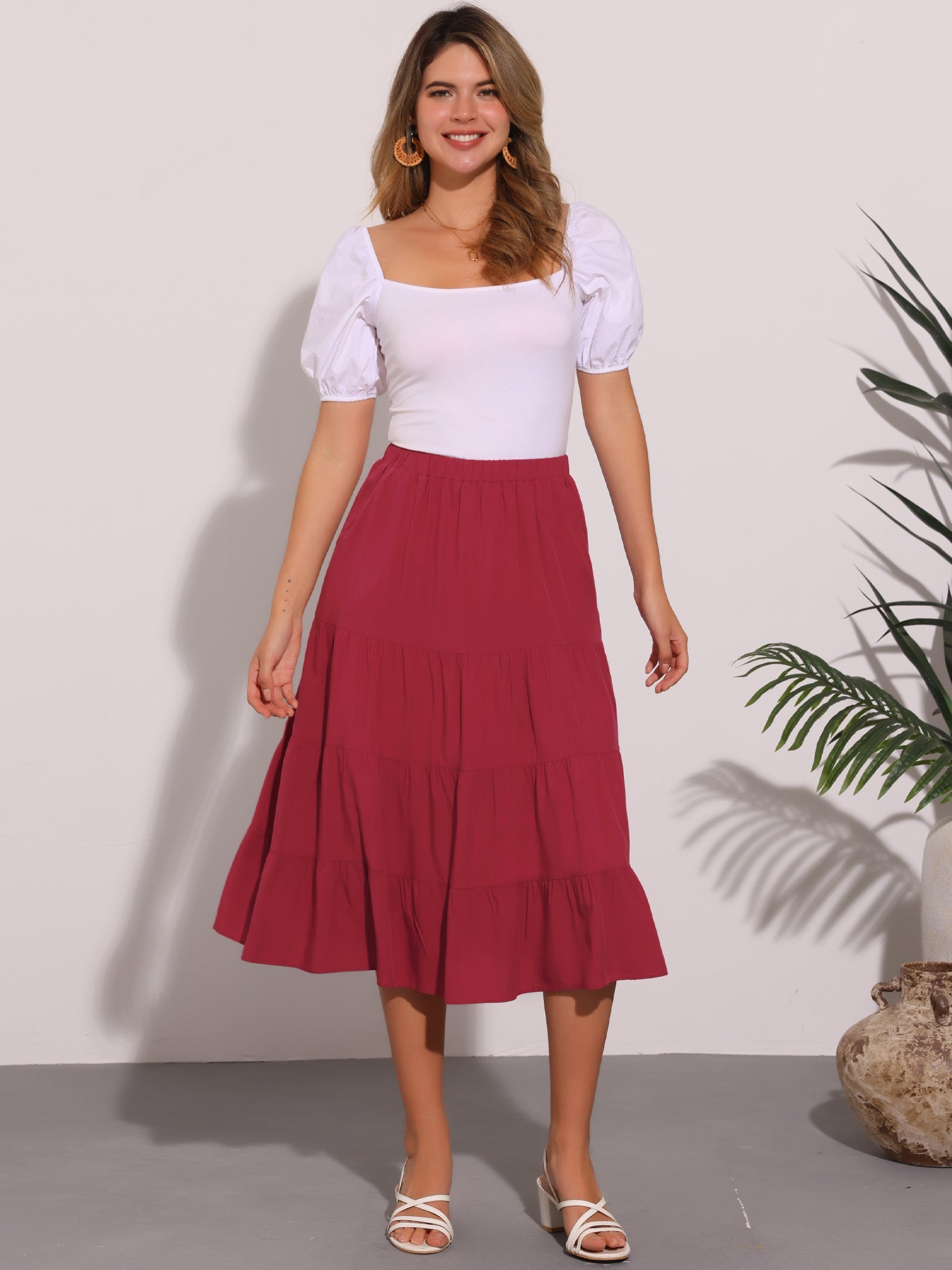 Midi Solid Elastic Waist Flare Tiered Long Pockets A-Line Skirt