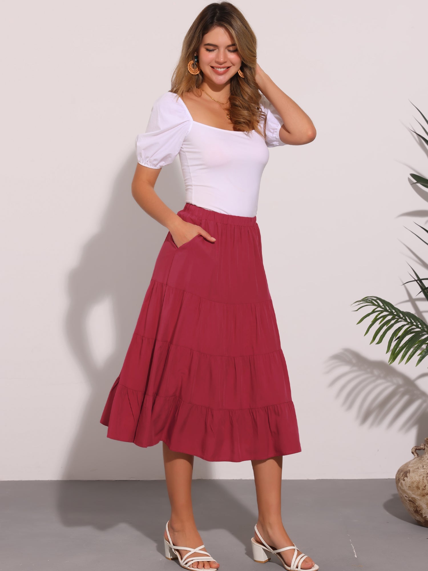 Midi Solid Elastic Waist Flare Tiered Long Pockets A-Line Skirt