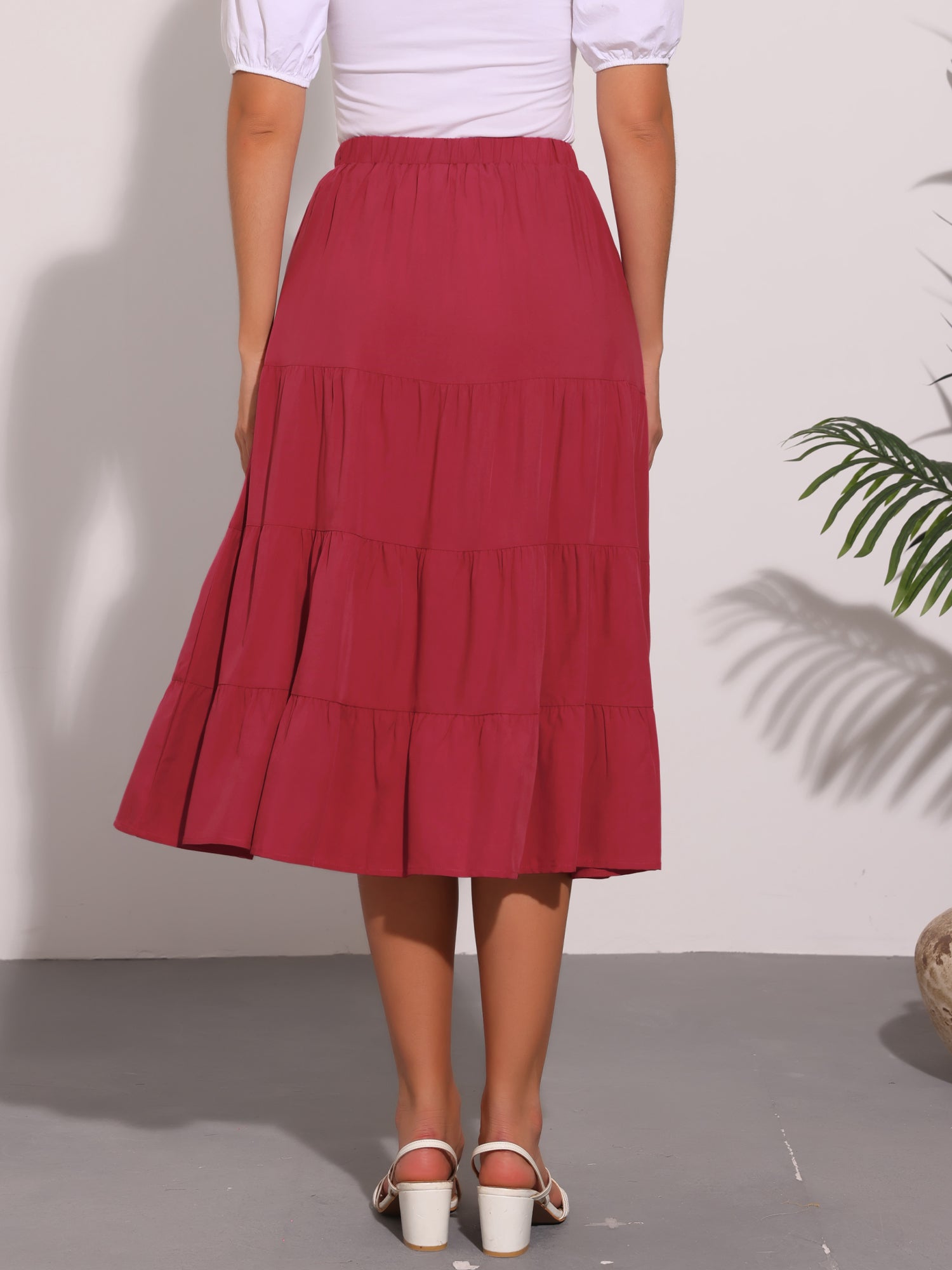 Midi Solid Elastic Waist Flare Tiered Long Pockets A-Line Skirt