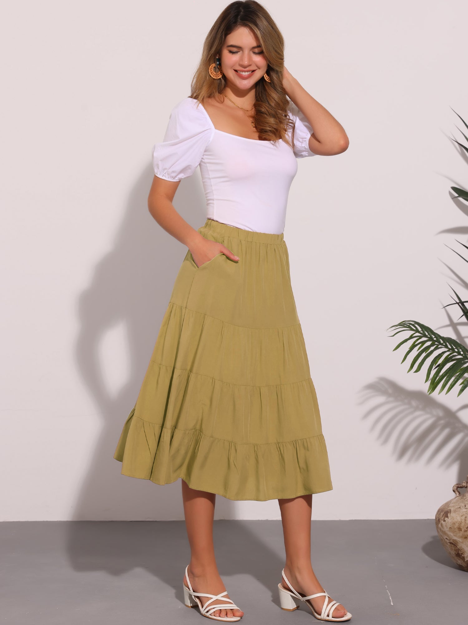 Midi Solid Elastic Waist Flare Tiered Long Pockets A-Line Skirt