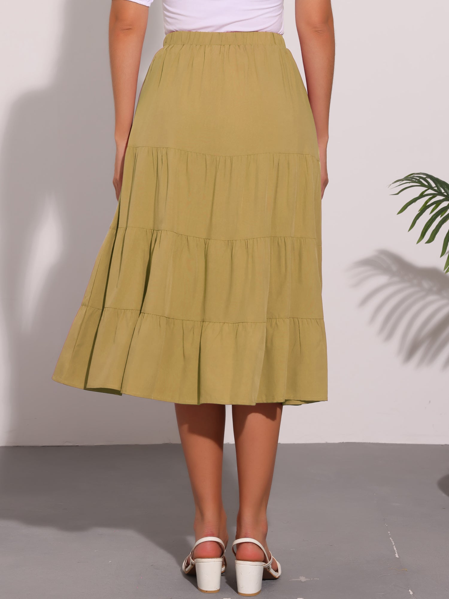Midi Solid Elastic Waist Flare Tiered Long Pockets A-Line Skirt