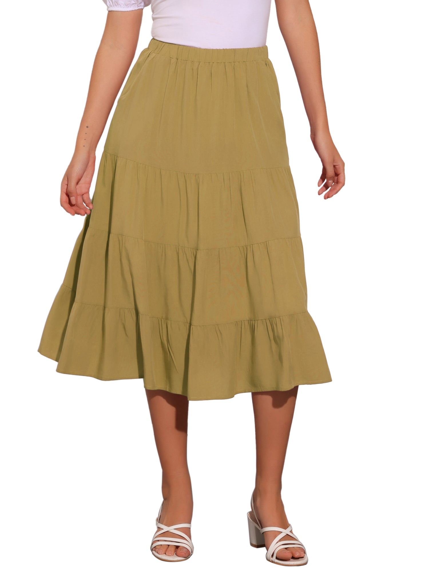 Midi Solid Elastic Waist Flare Tiered Long Pockets A-Line Skirt