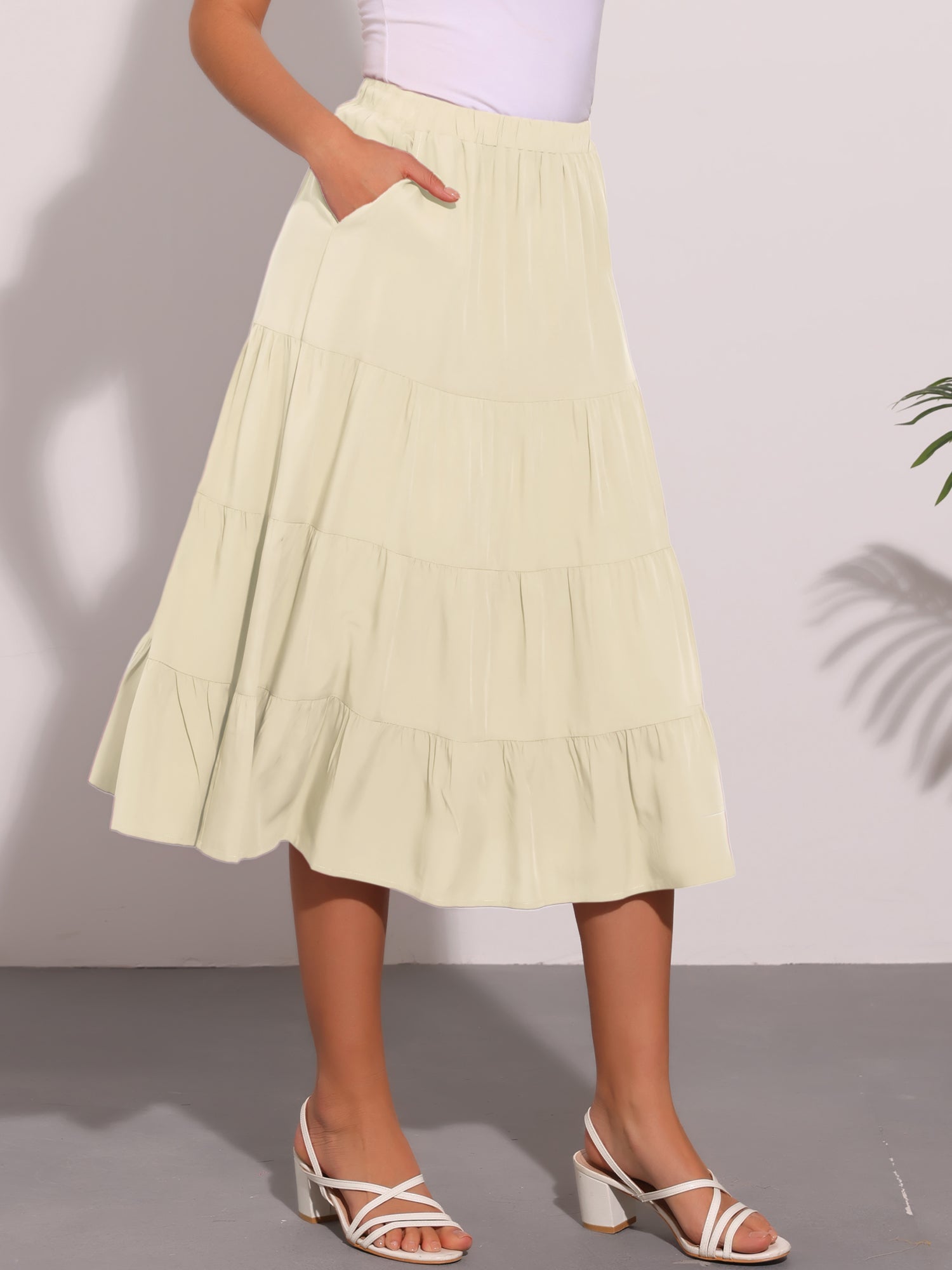 Midi Solid Elastic Waist Flare Tiered Long Pockets A-Line Skirt