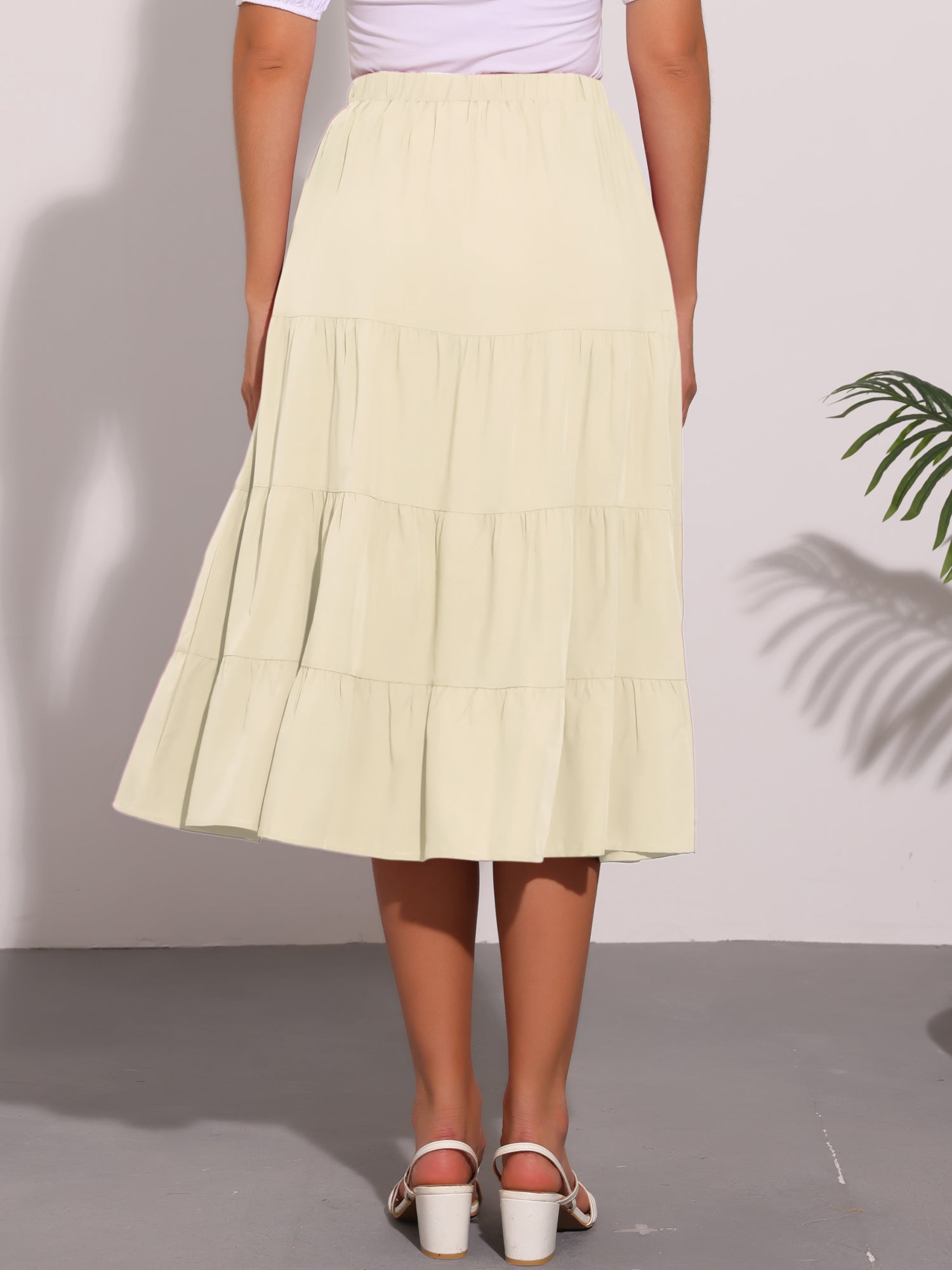 Midi Solid Elastic Waist Flare Tiered Long Pockets A-Line Skirt