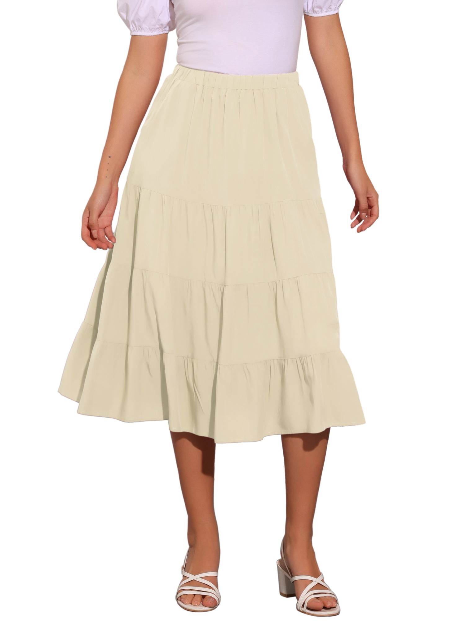 Midi Solid Elastic Waist Flare Tiered Long Pockets A-Line Skirt