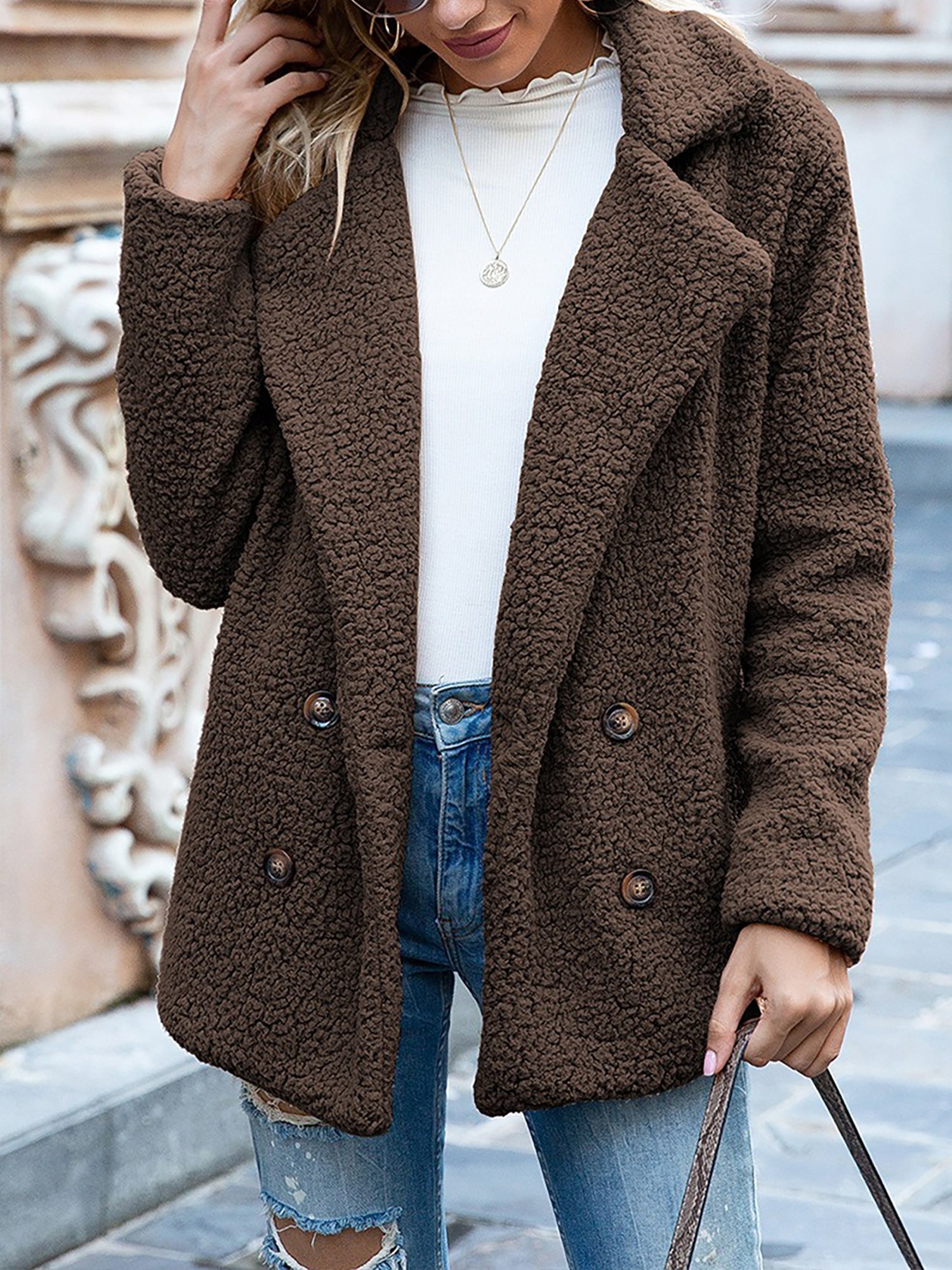 Notched Lapel Double Breasted Fleece Jacket