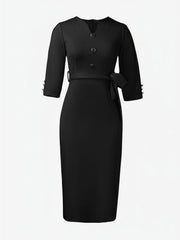Notched Neck 3/4 Sleeves Midi Sheath Dress