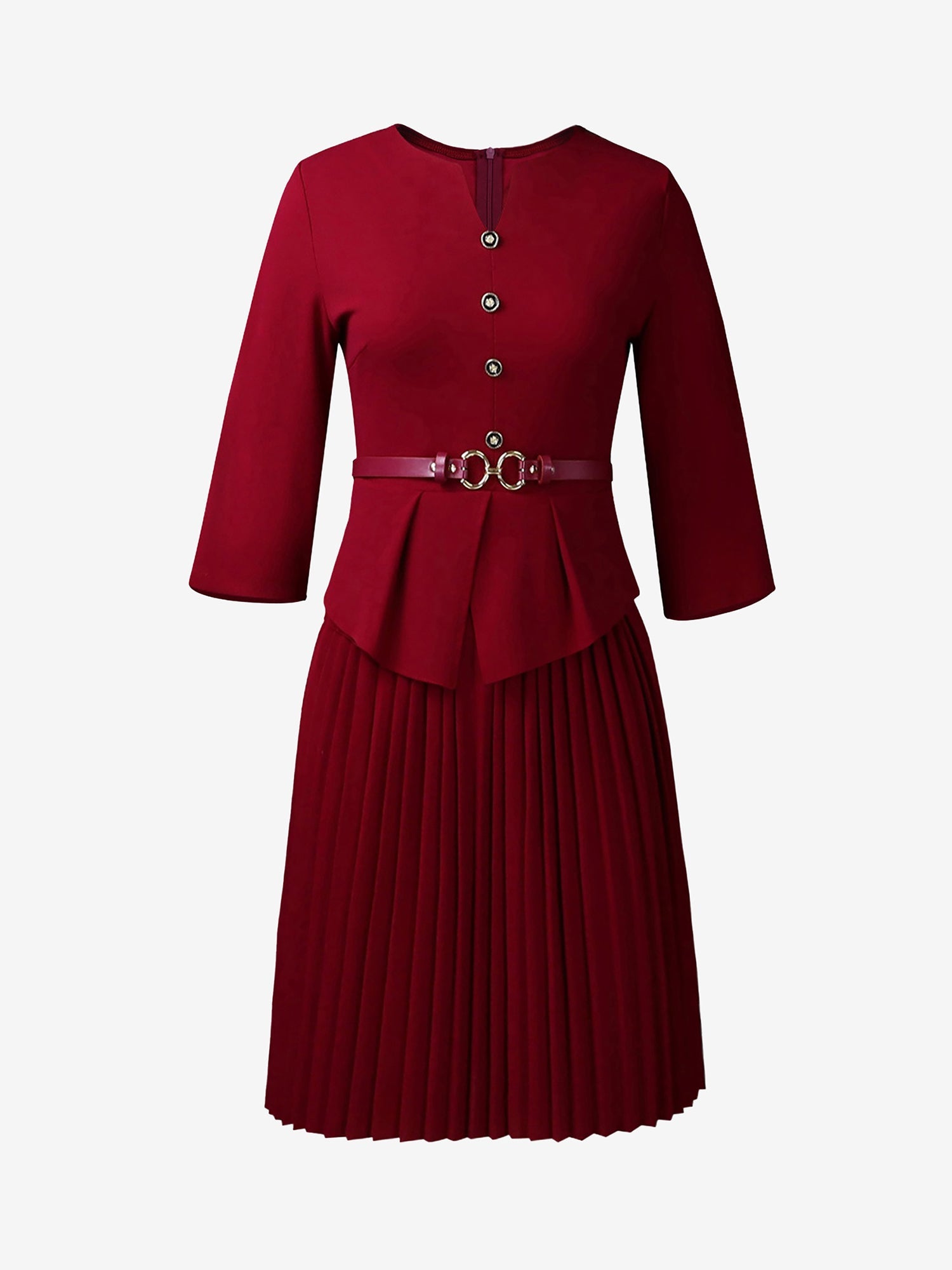 Notch Neck 3/4 Sleeves Belted Pleated Midi Work Dress