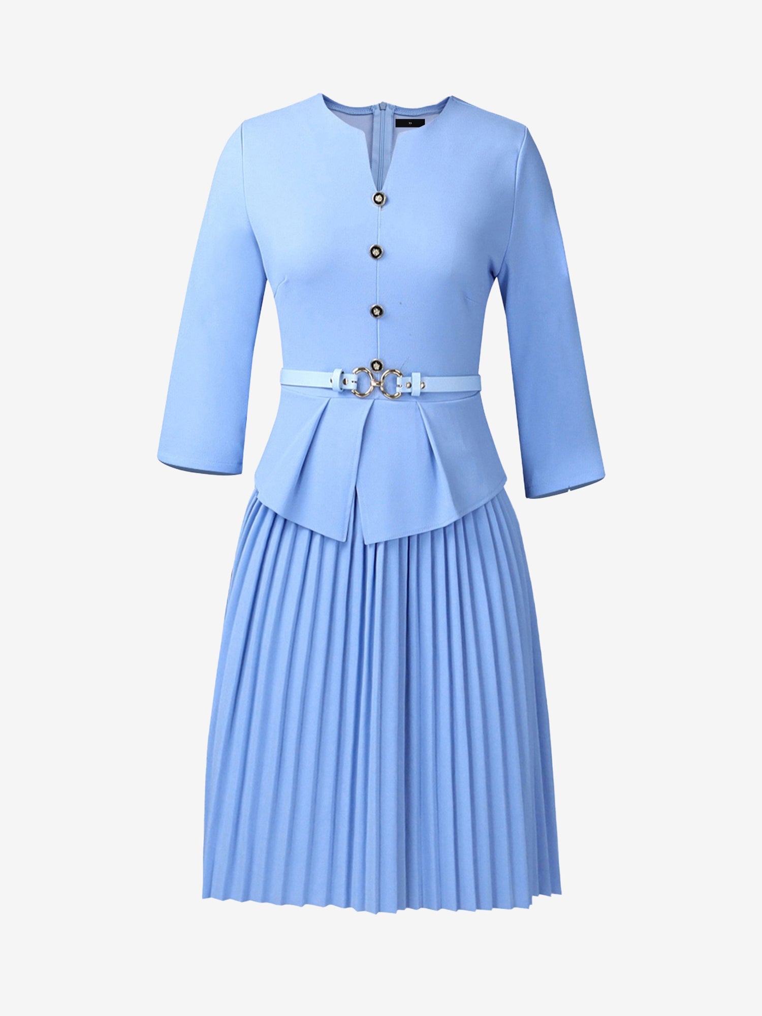 Notch Neck 3/4 Sleeves Belted Pleated Midi Work Dress