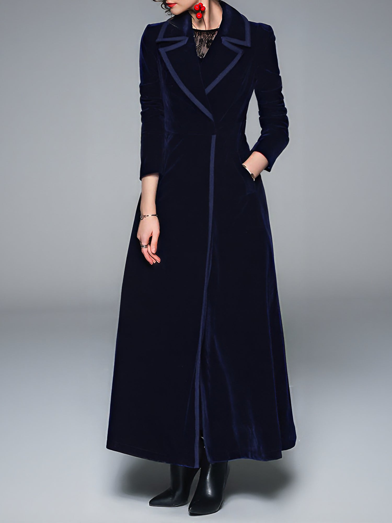 Vintage Notched Lapel Velvet Maxi Length A-Line Jacket