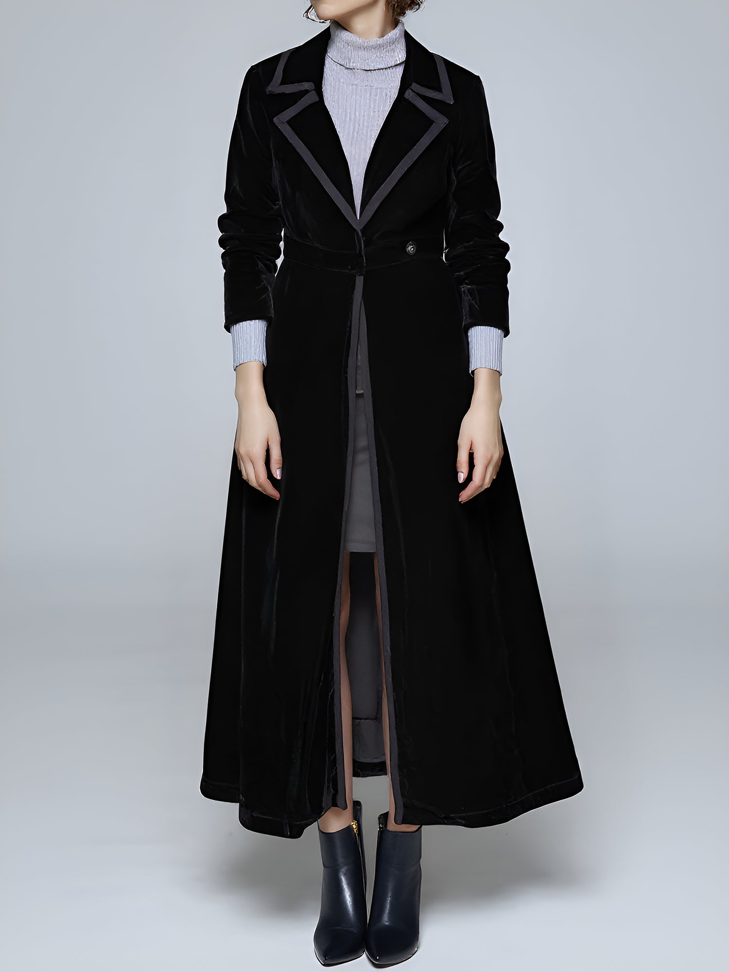 Vintage Notched Lapel Velvet Maxi Length A-Line Jacket
