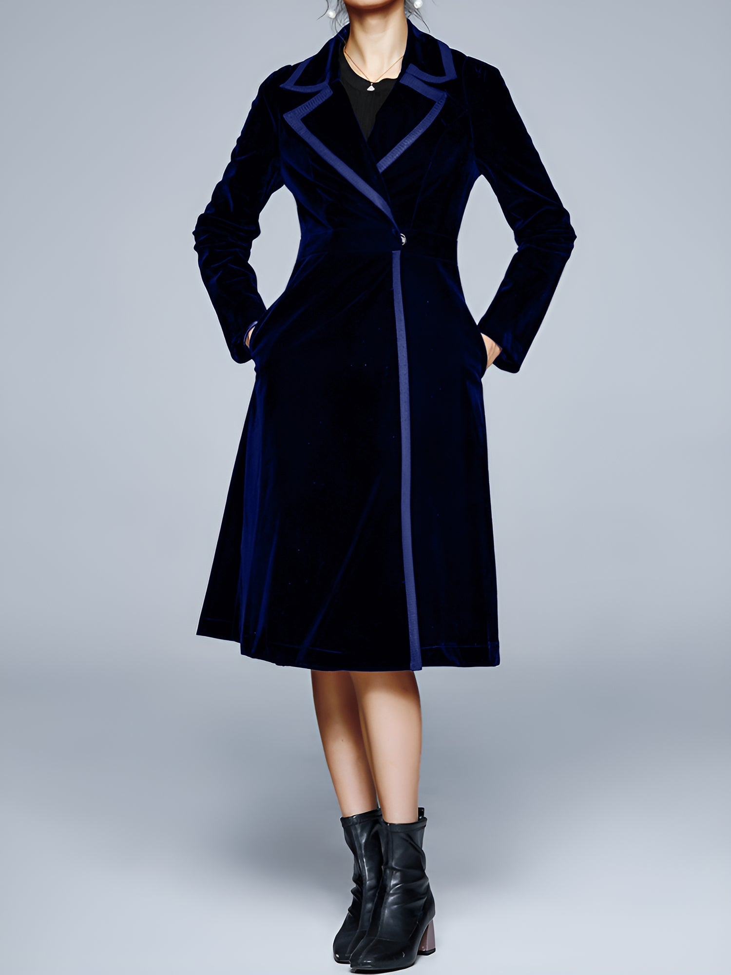 Vintage Notched Lapel Velvet Mid-Length A-Line Jacket
