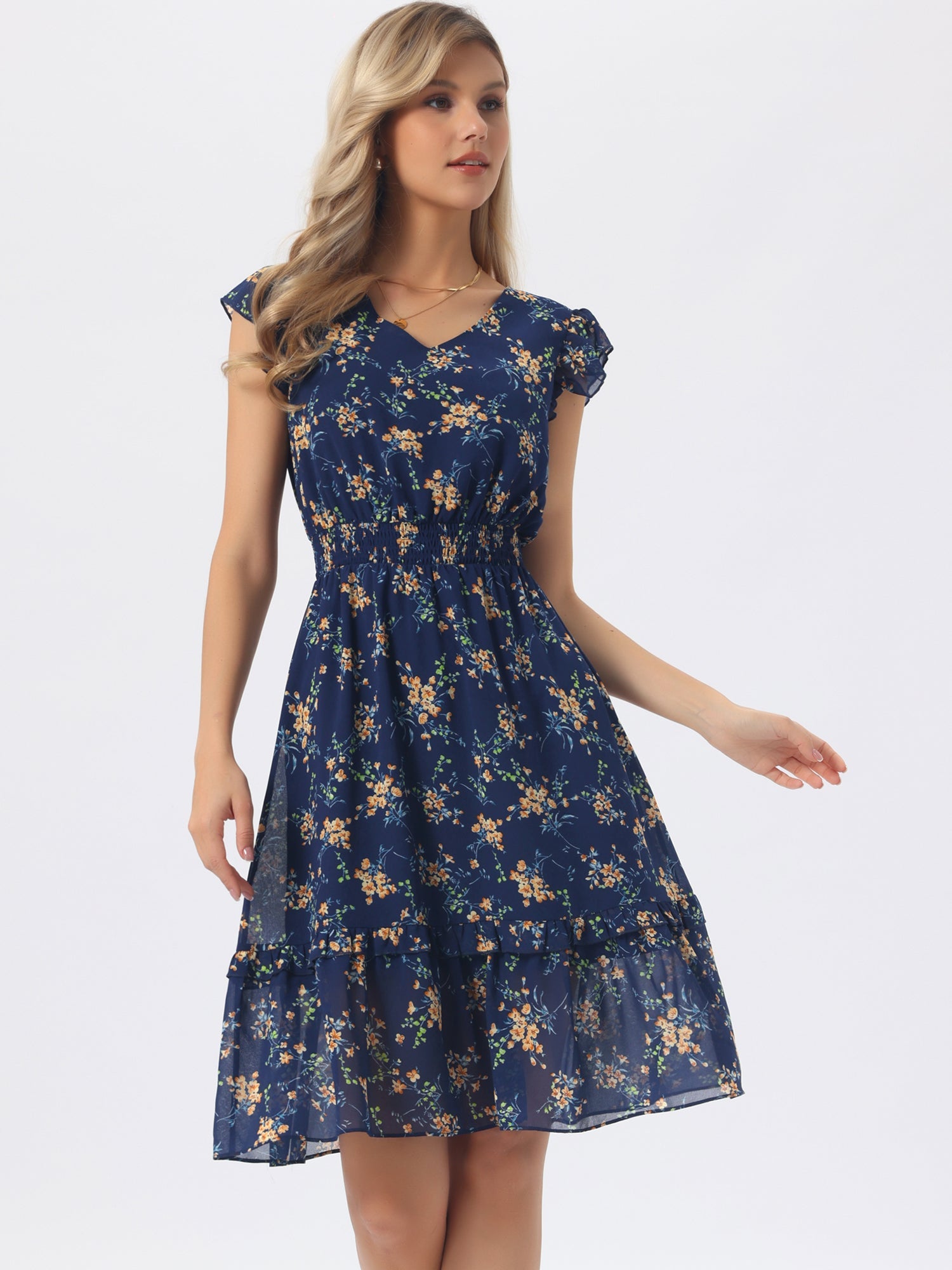 Floral Flutter Sleeve V Neck Smocked Ruffle Dress