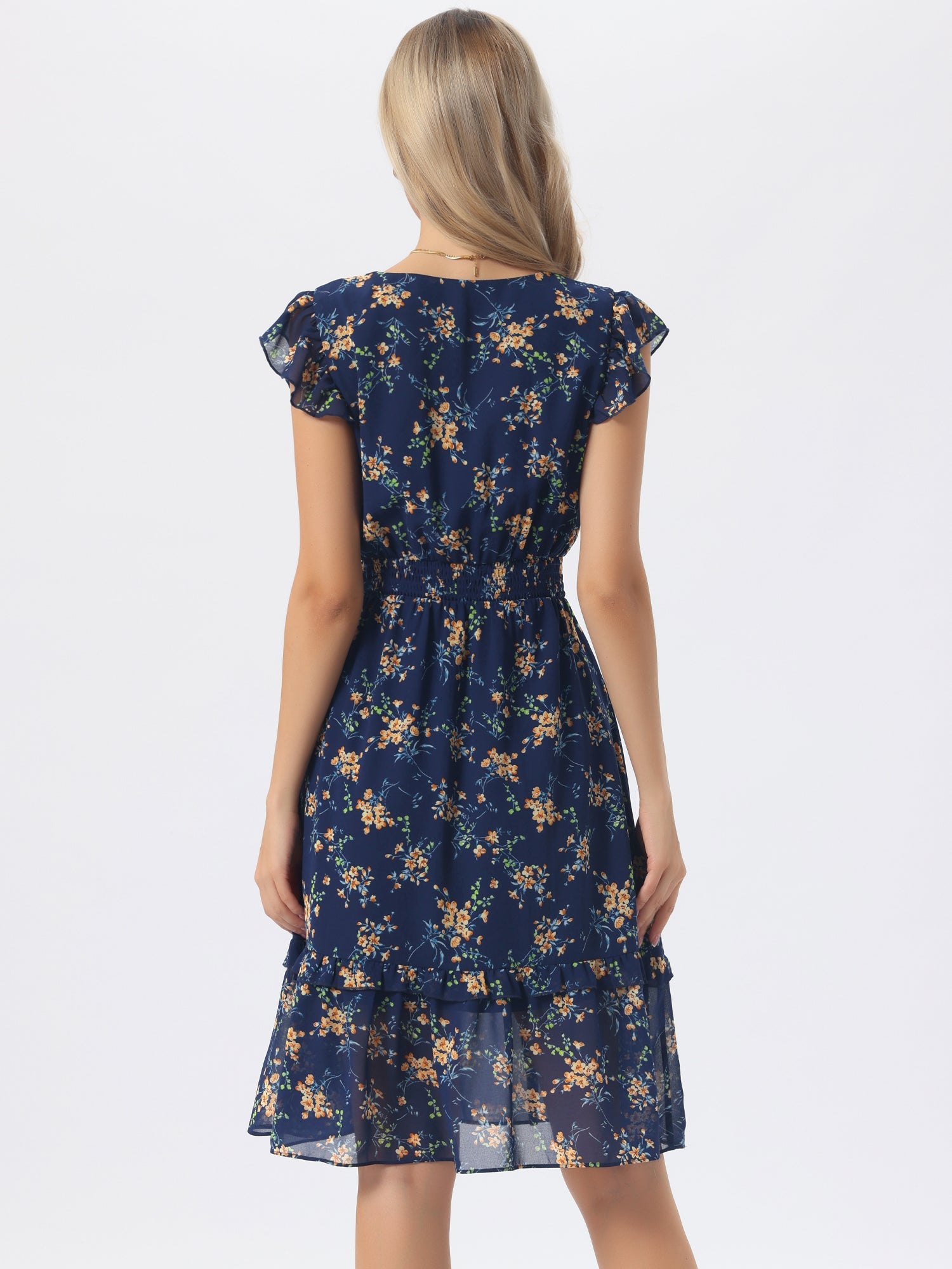 Floral Flutter Sleeve V Neck Smocked Ruffle Dress