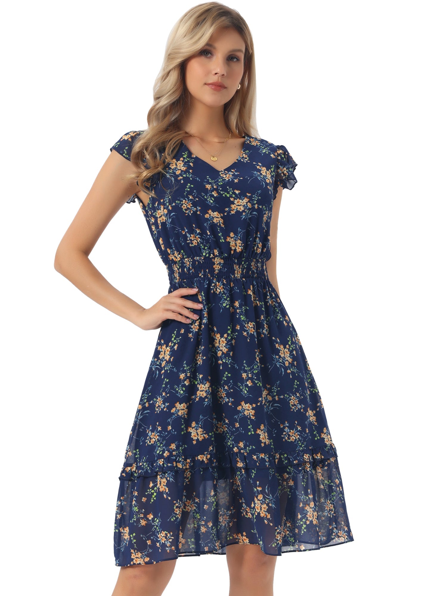 Floral Flutter Sleeve V Neck Smocked Ruffle Dress