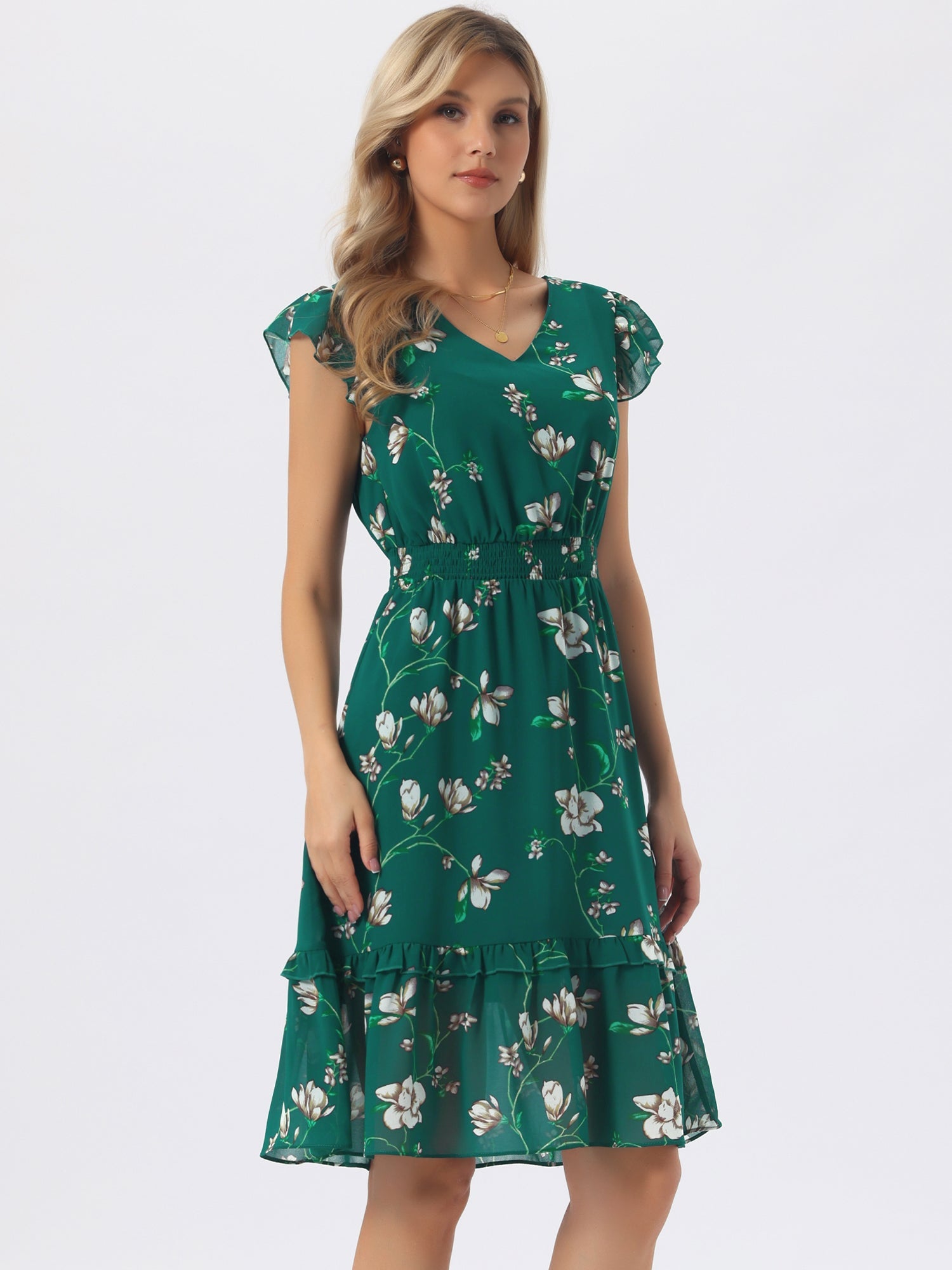 Floral Flutter Sleeve V Neck Smocked Ruffle Dress