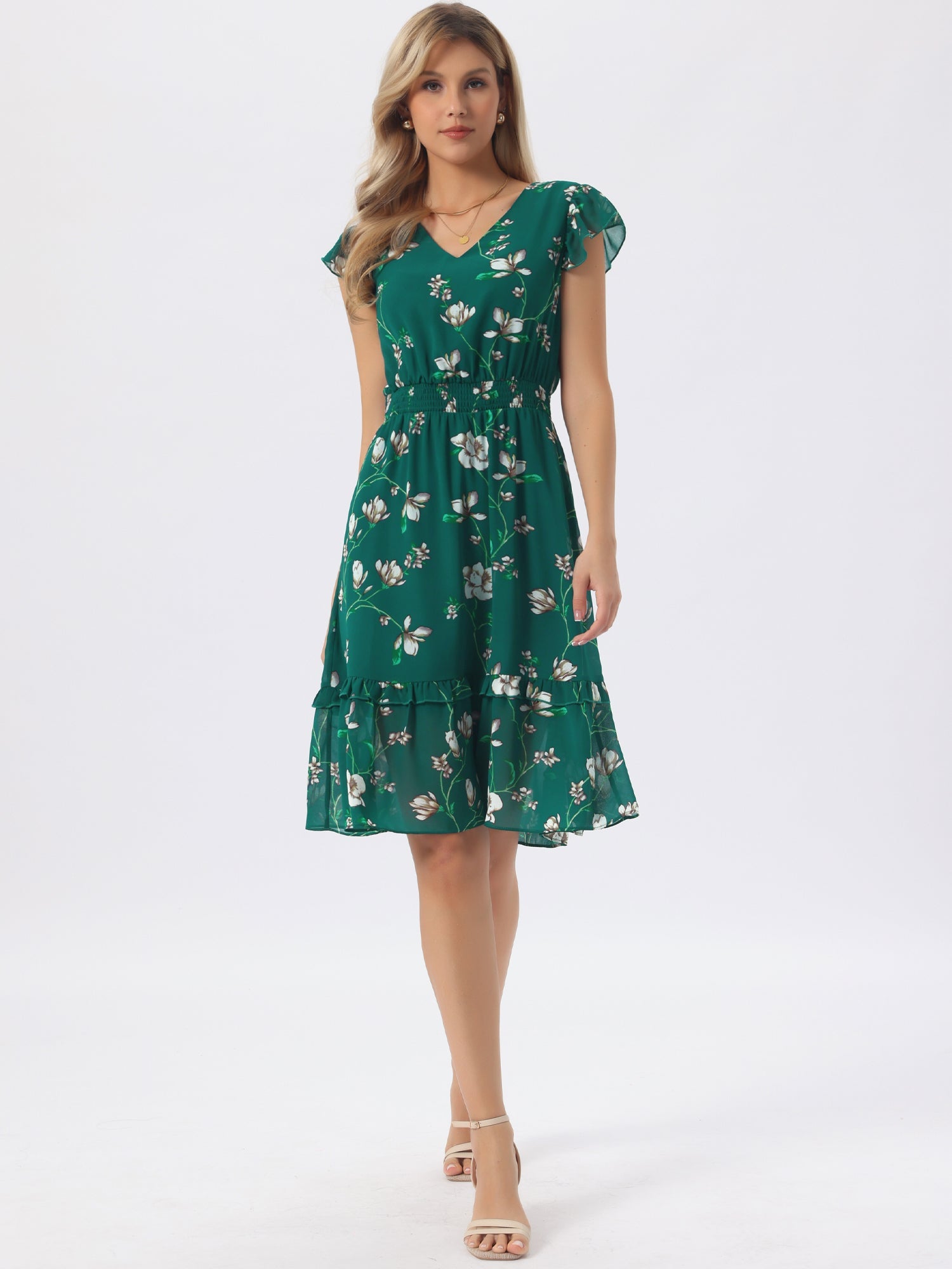 Floral Flutter Sleeve V Neck Smocked Ruffle Dress