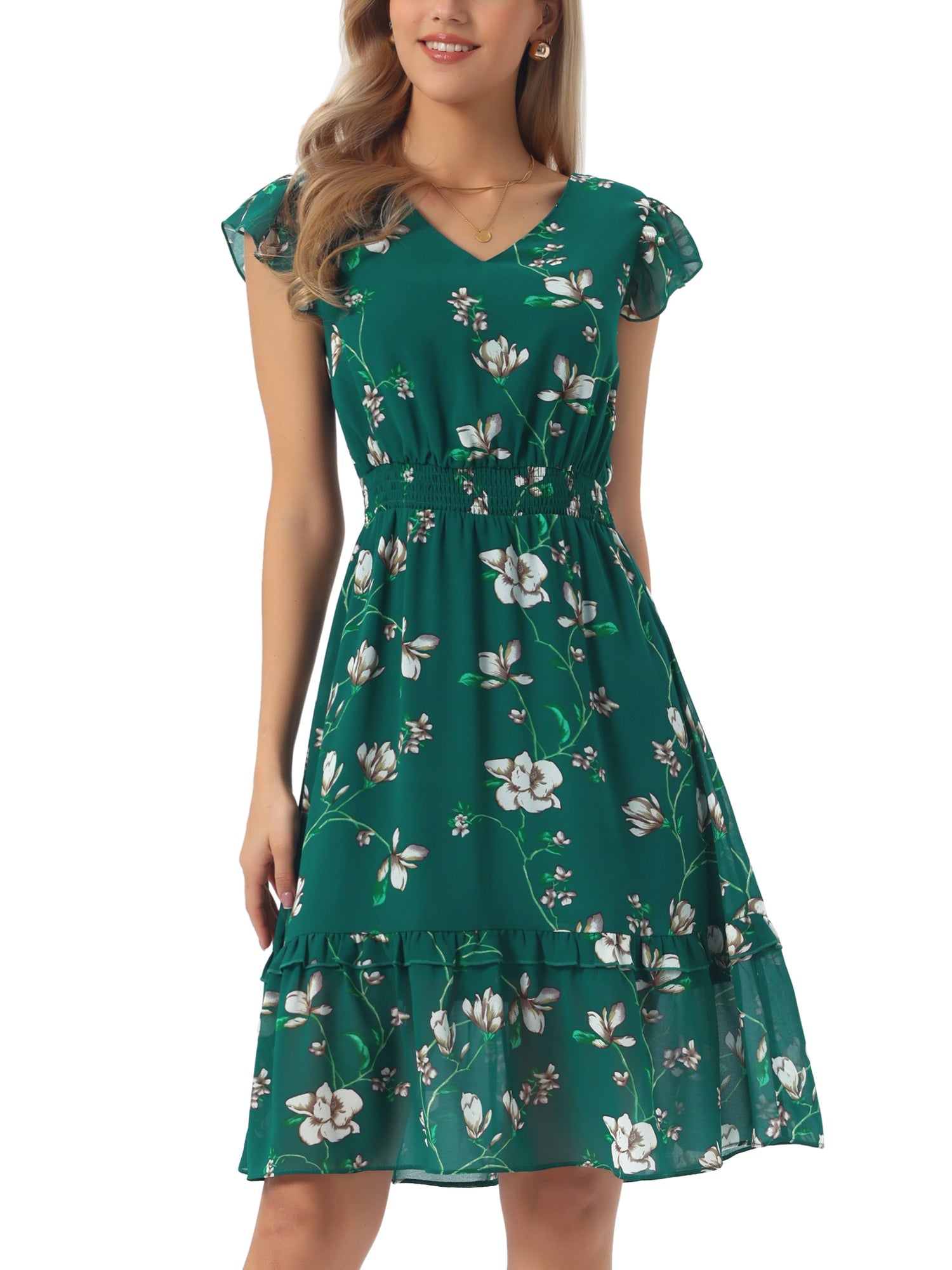 Floral Flutter Sleeve V Neck Smocked Ruffle Dress