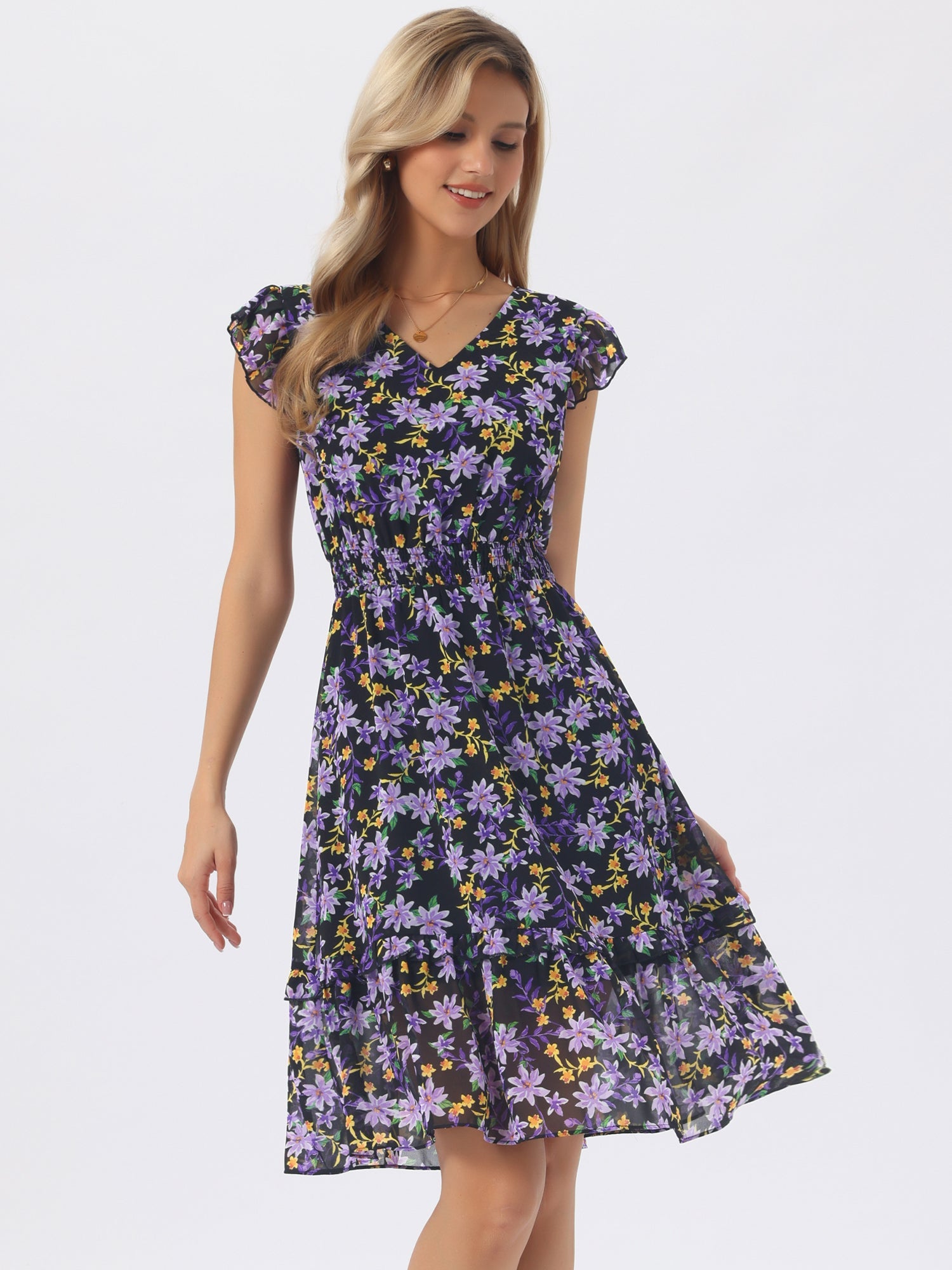 Floral Flutter Sleeve V Neck Smocked Ruffle Dress