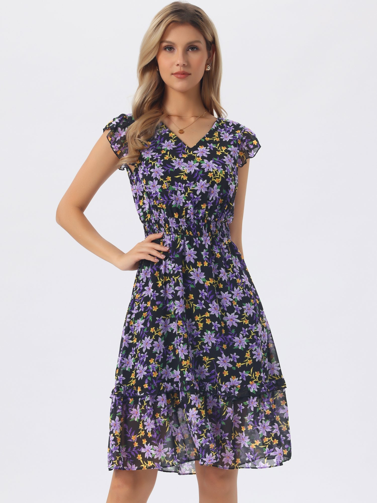 Floral Flutter Sleeve V Neck Smocked Ruffle Dress