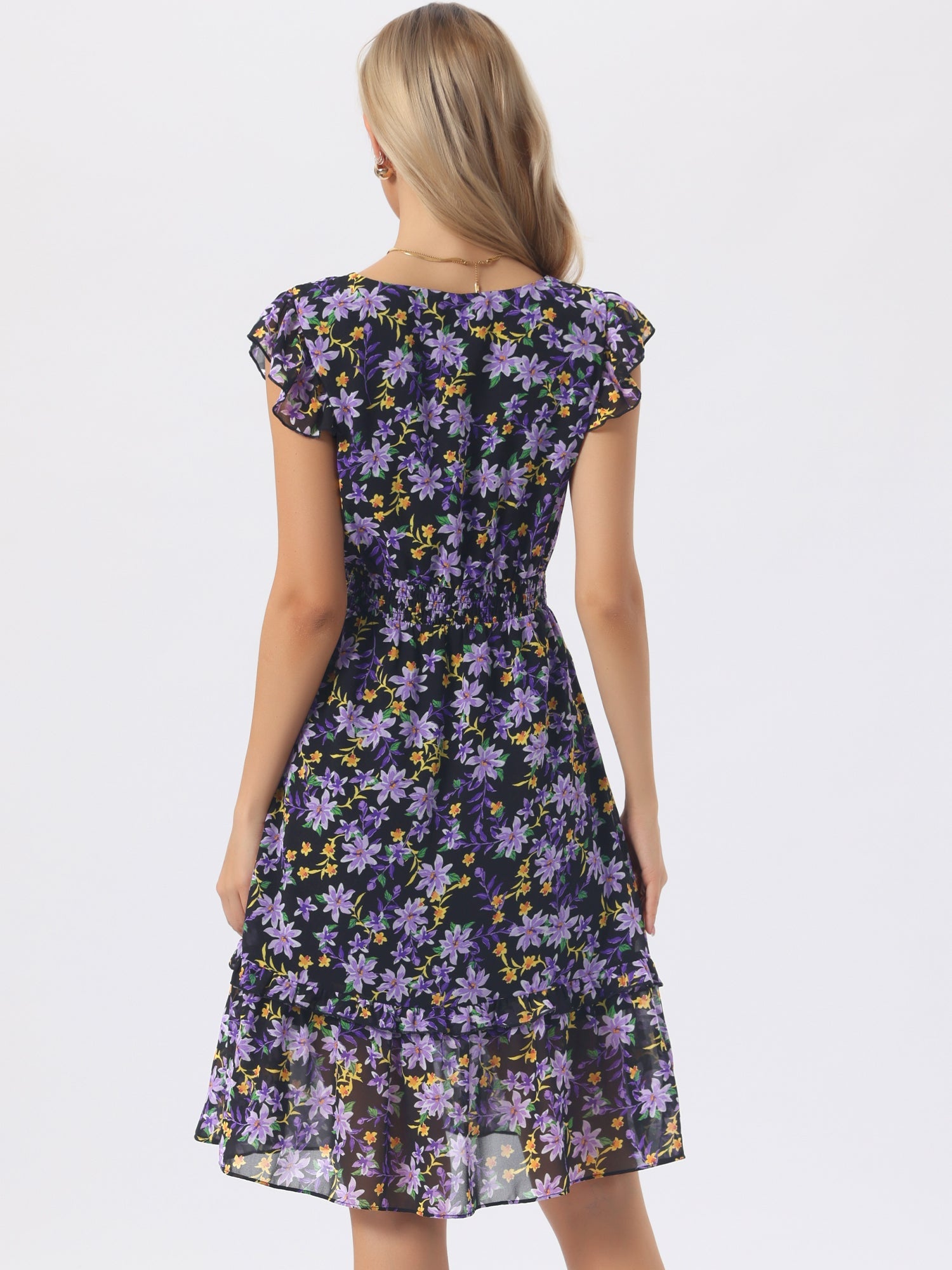 Floral Flutter Sleeve V Neck Smocked Ruffle Dress