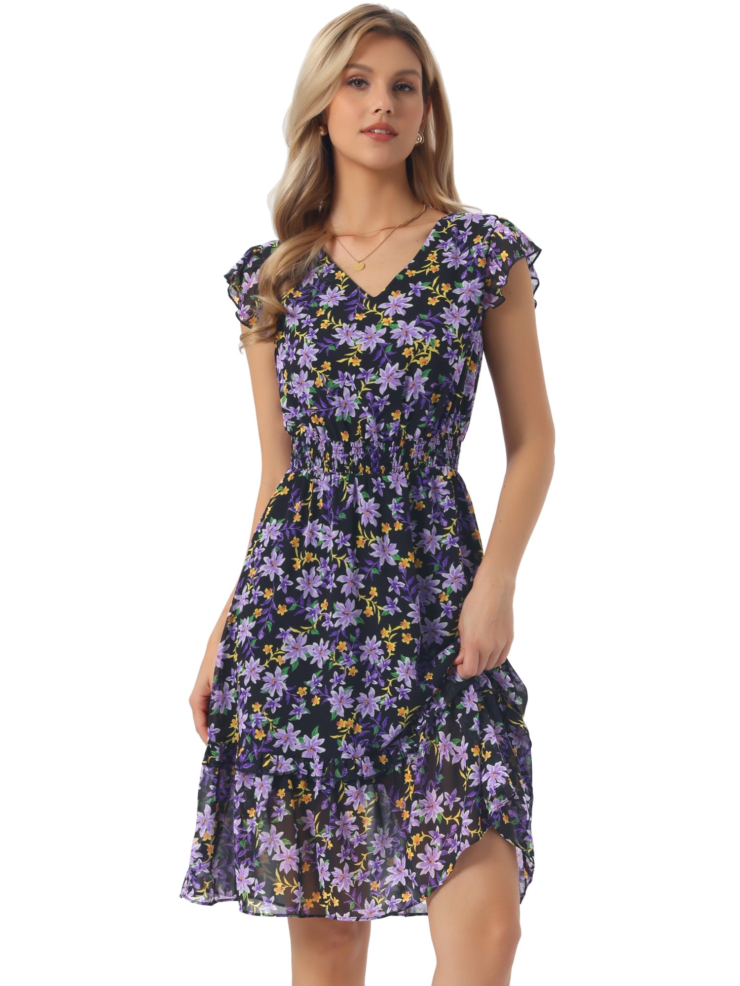 Floral Flutter Sleeve V Neck Smocked Ruffle Dress