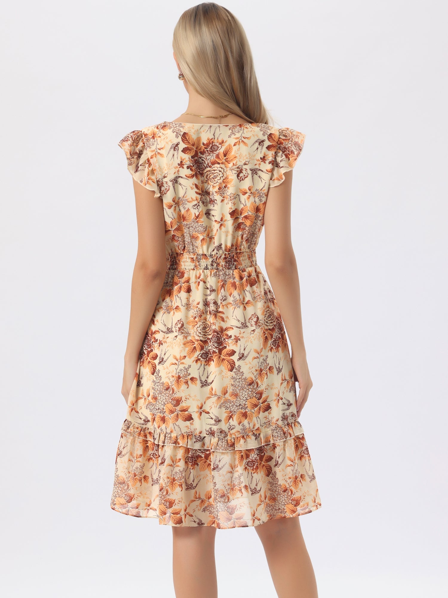 Floral Flutter Sleeve V Neck Smocked Ruffle Dress
