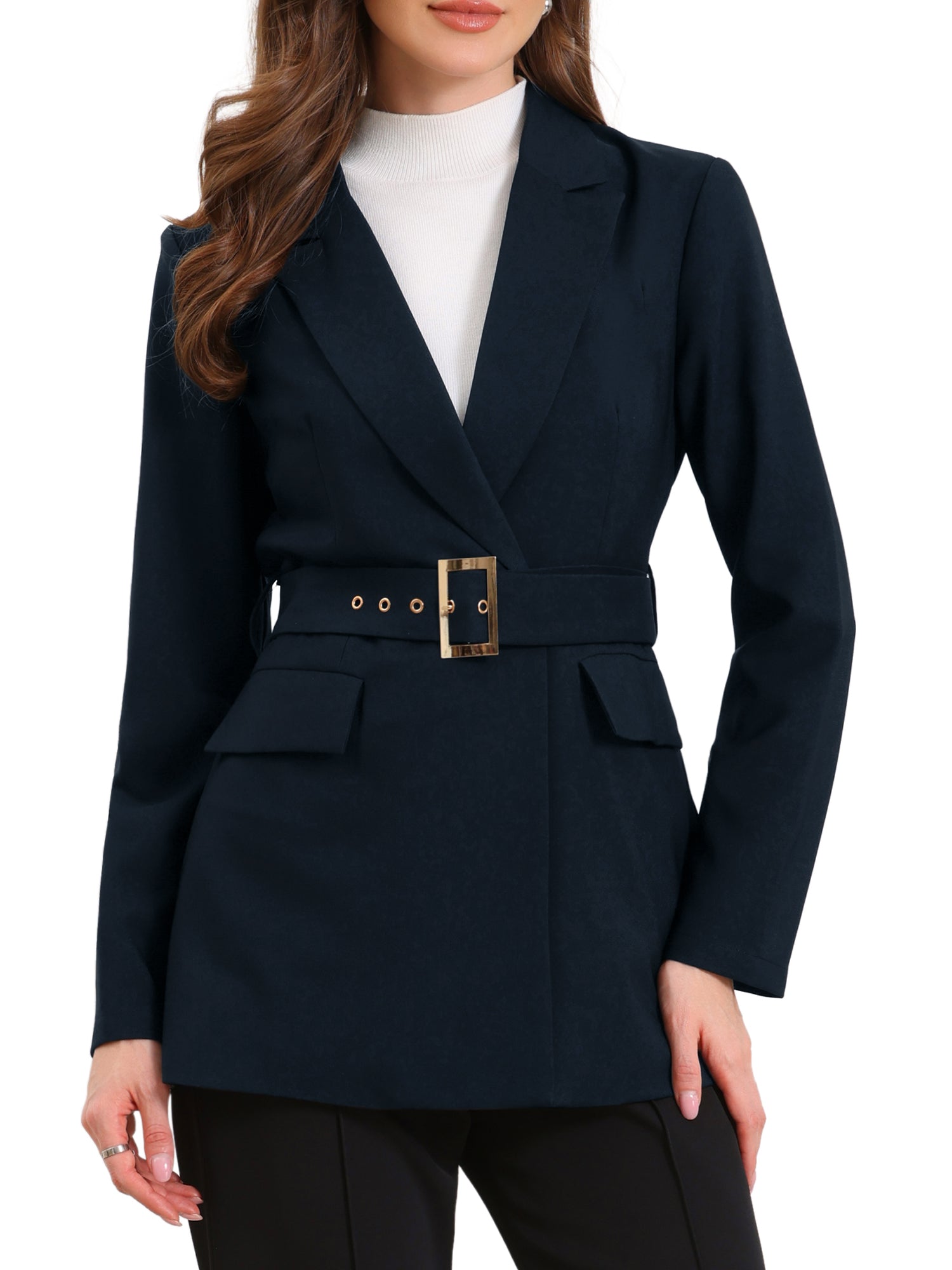 Long Sleeve Collared Business Casual Belted Work Blazer