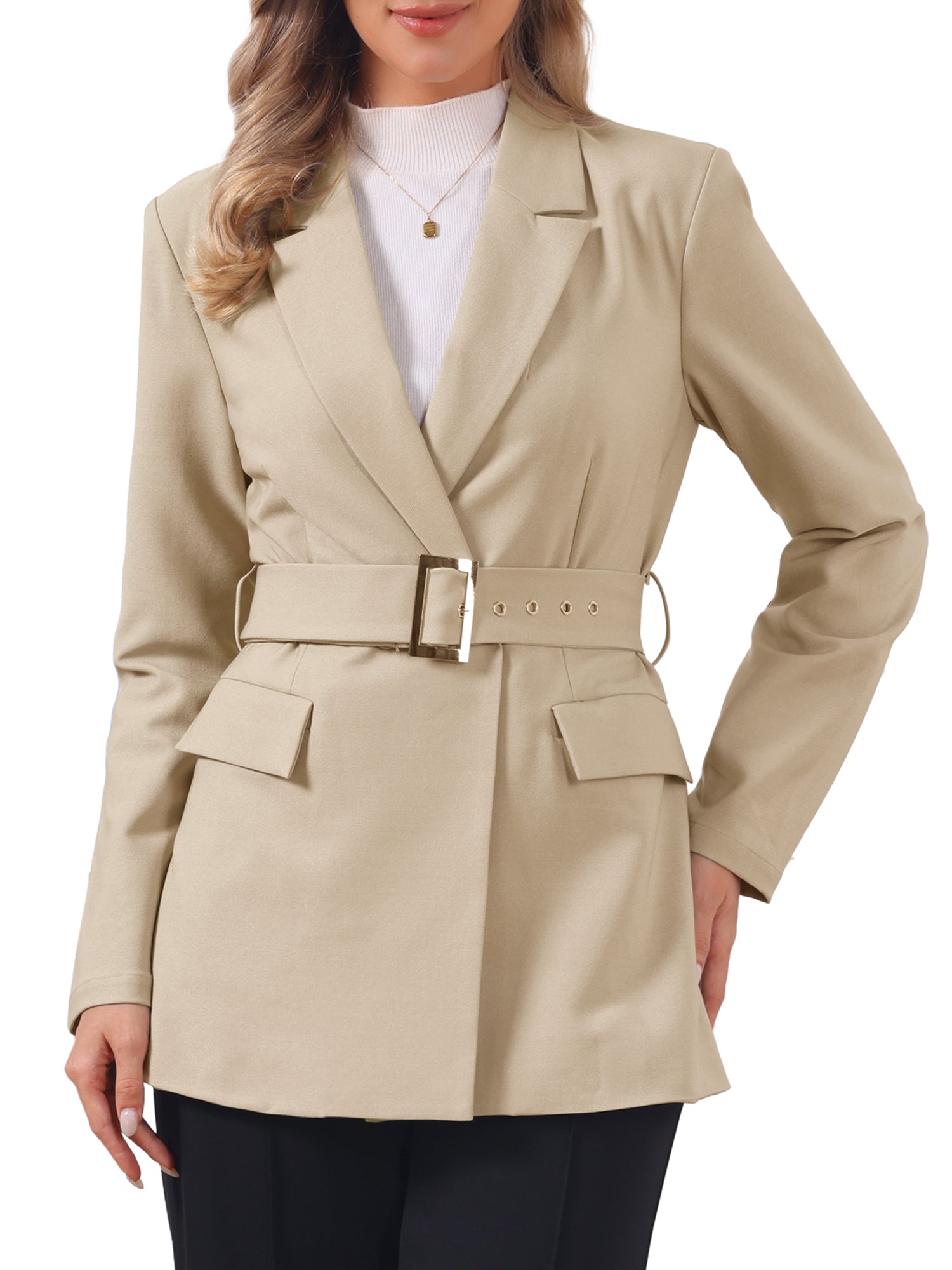 Long Sleeve Collared Business Casual Belted Work Blazer