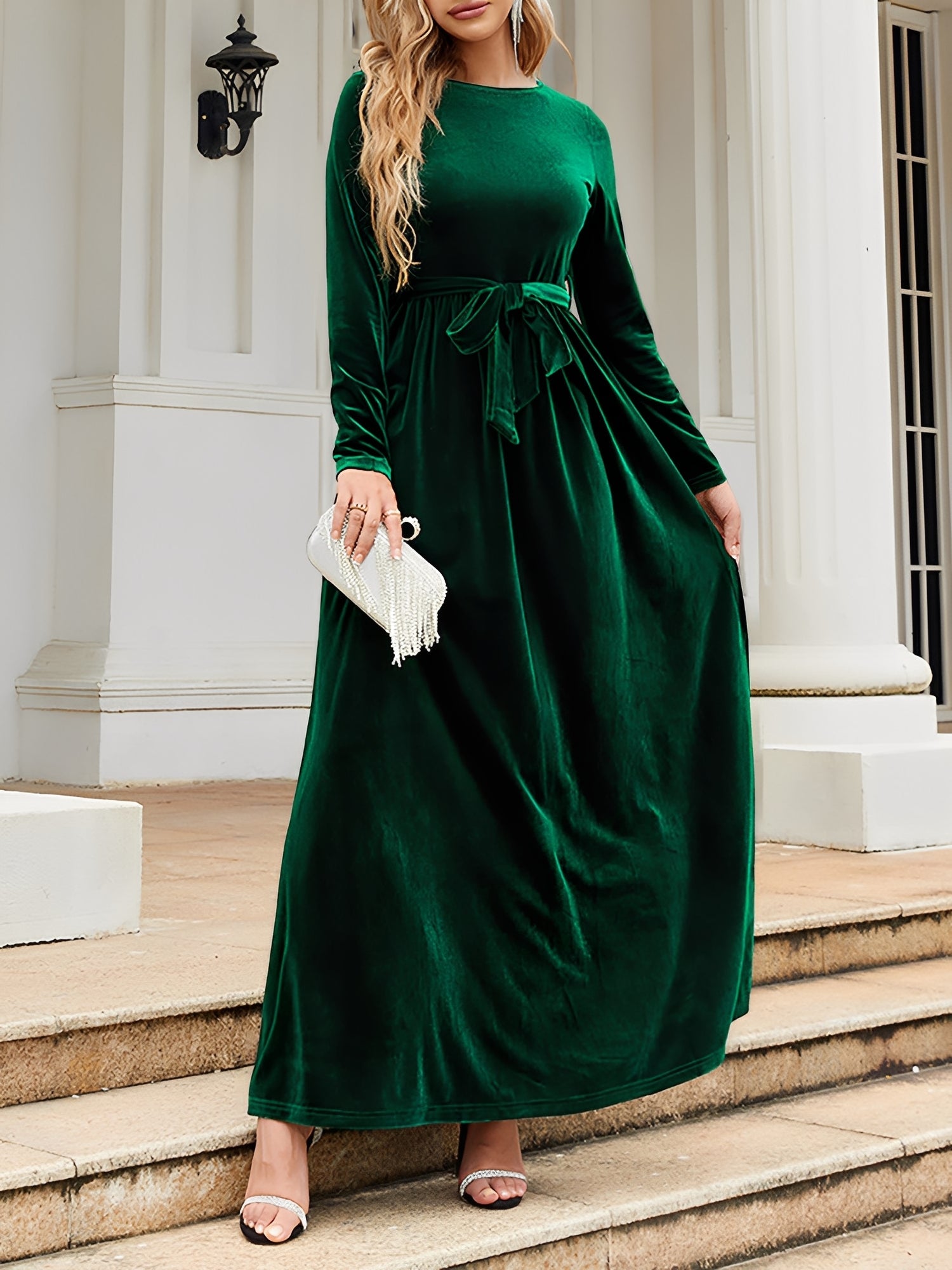 Velvet Round Neck Belted Maxi A-Line Dress