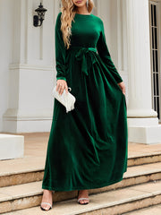 Velvet Round Neck Belted Maxi A-Line Dress